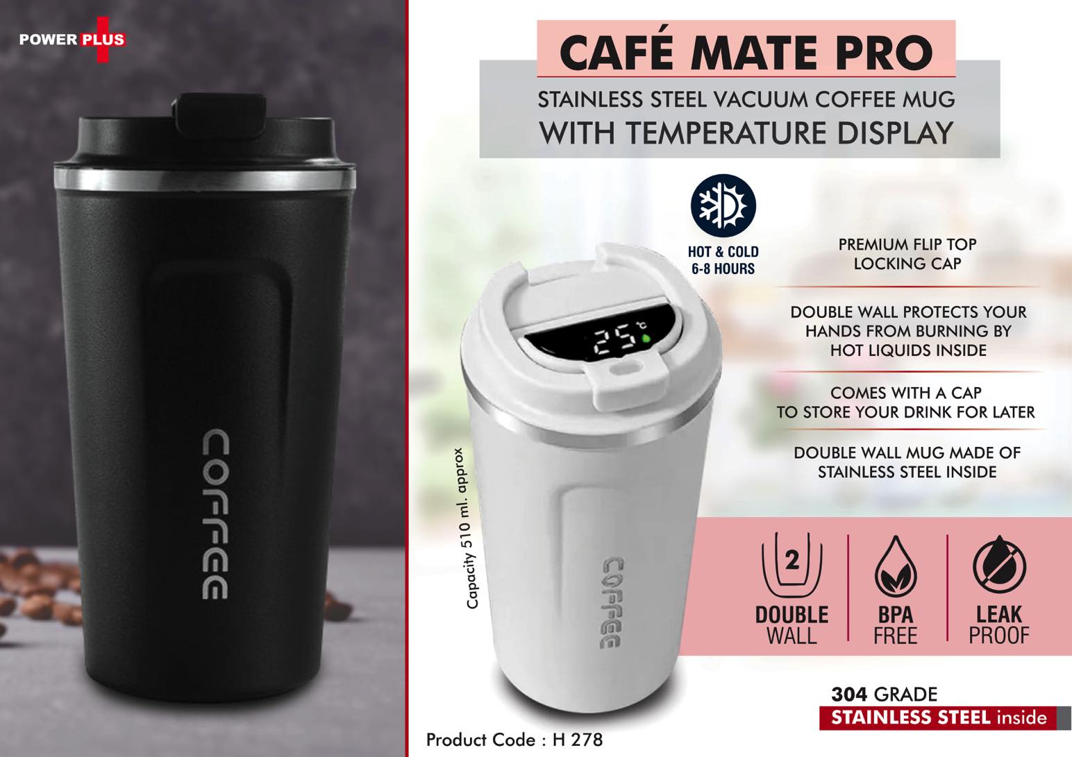 Cafe Mate Pro Temp Display | Silicon Grip Vacuum Coffee Mug