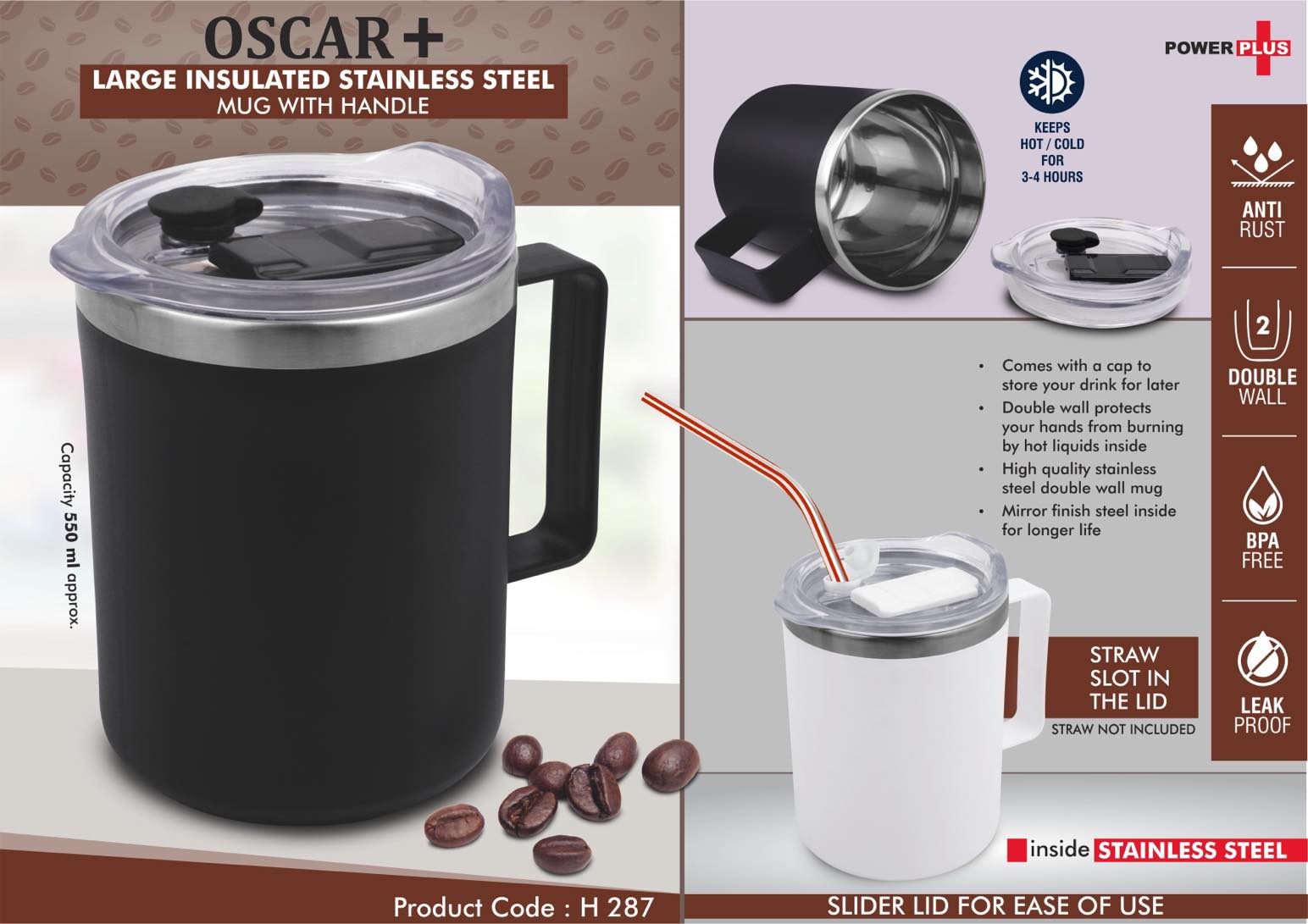Oscar+ Insulated Handle | Large 600ml Slider-Lid Steel Mug