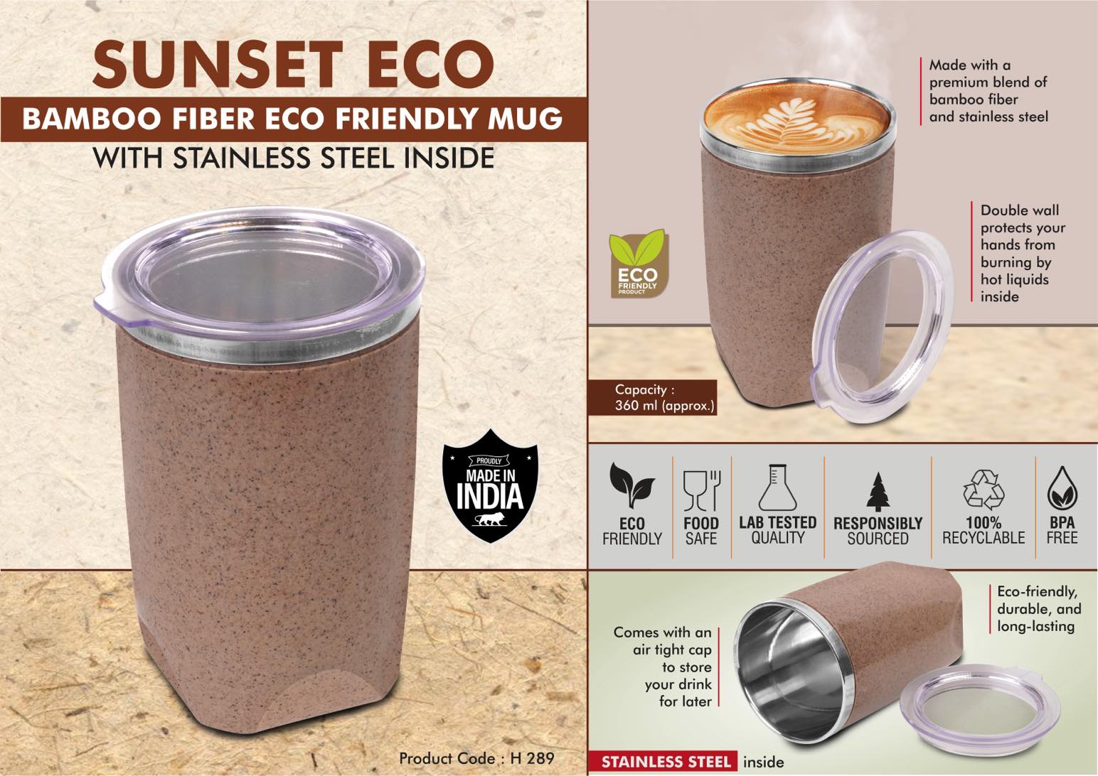 Sustainable Bamboo Fiber Mug| BPA-Free Stainless steel Inner Mug