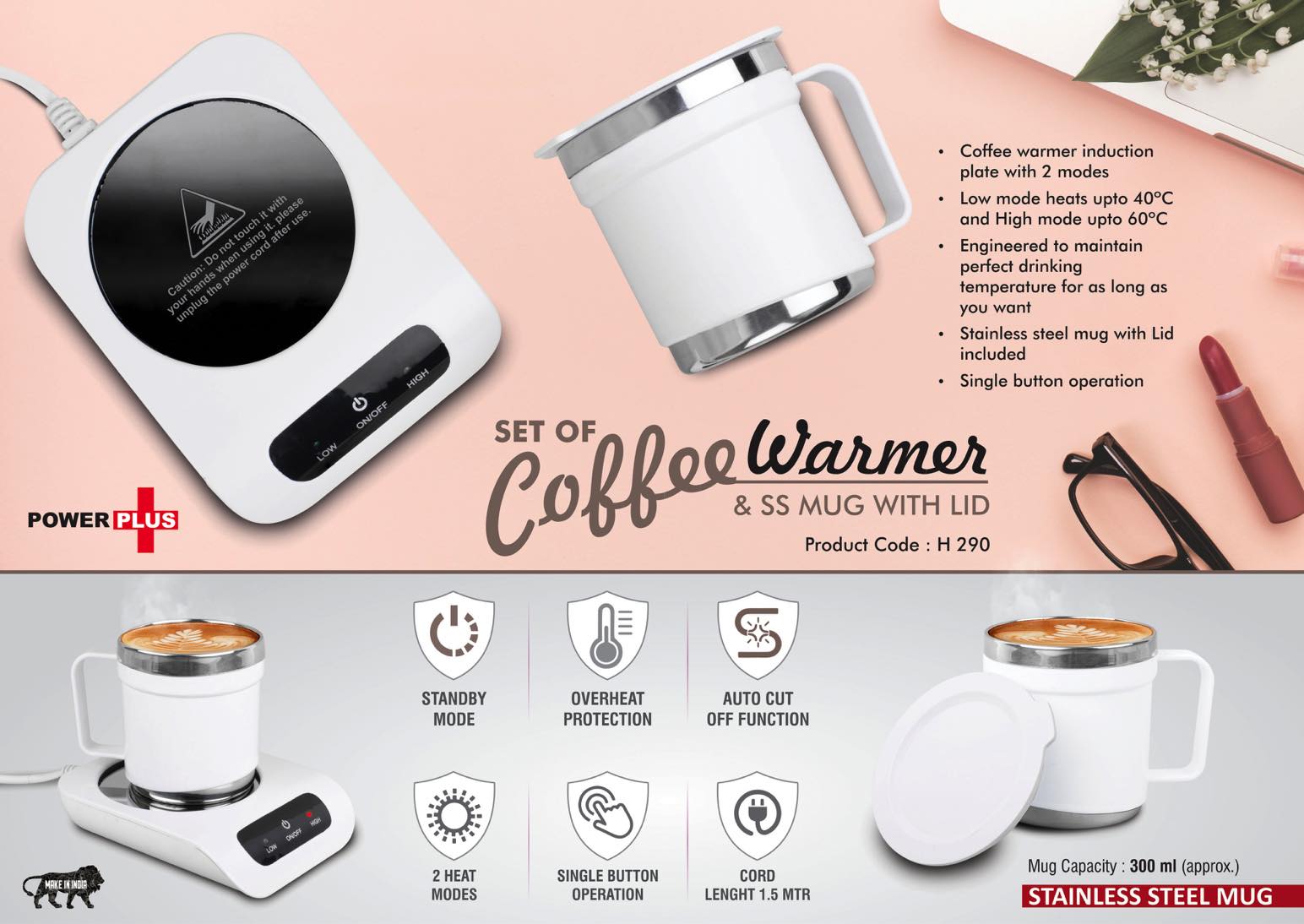 Auto-Cut Induction Coffee Warmer | SS Mug & Lid Set