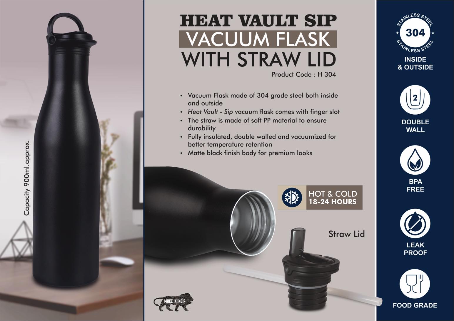 HeatVault Sip Straw-Lid | 18-Hr Thermal 304 Steel Flask