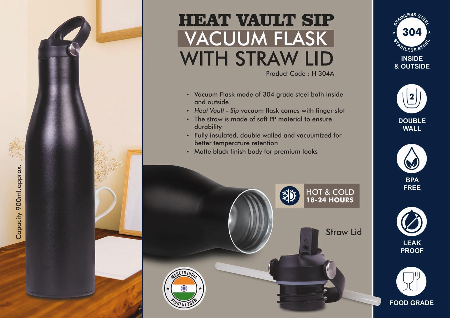 HeatVault Sip 304 Steel | 18-Hr Thermal High-Capacity Flask
