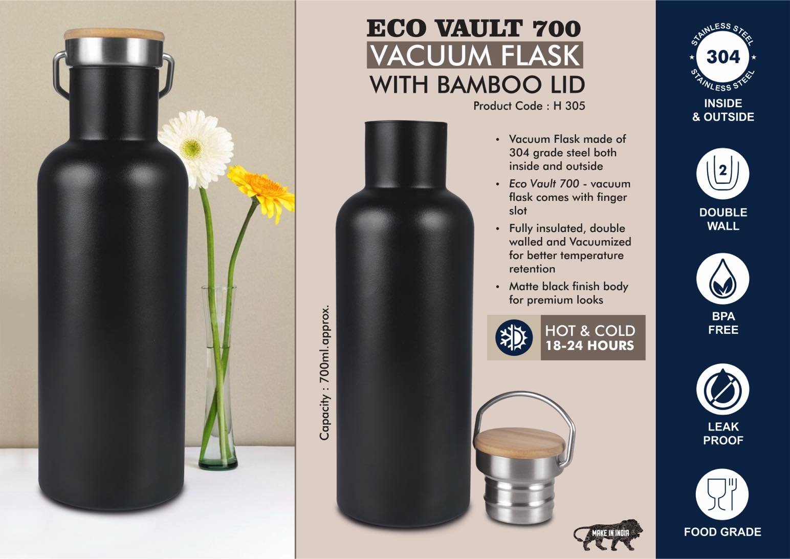 EcoVault 700 Bamboo Lid | 18-Hr Thermal 304 Steel Flask