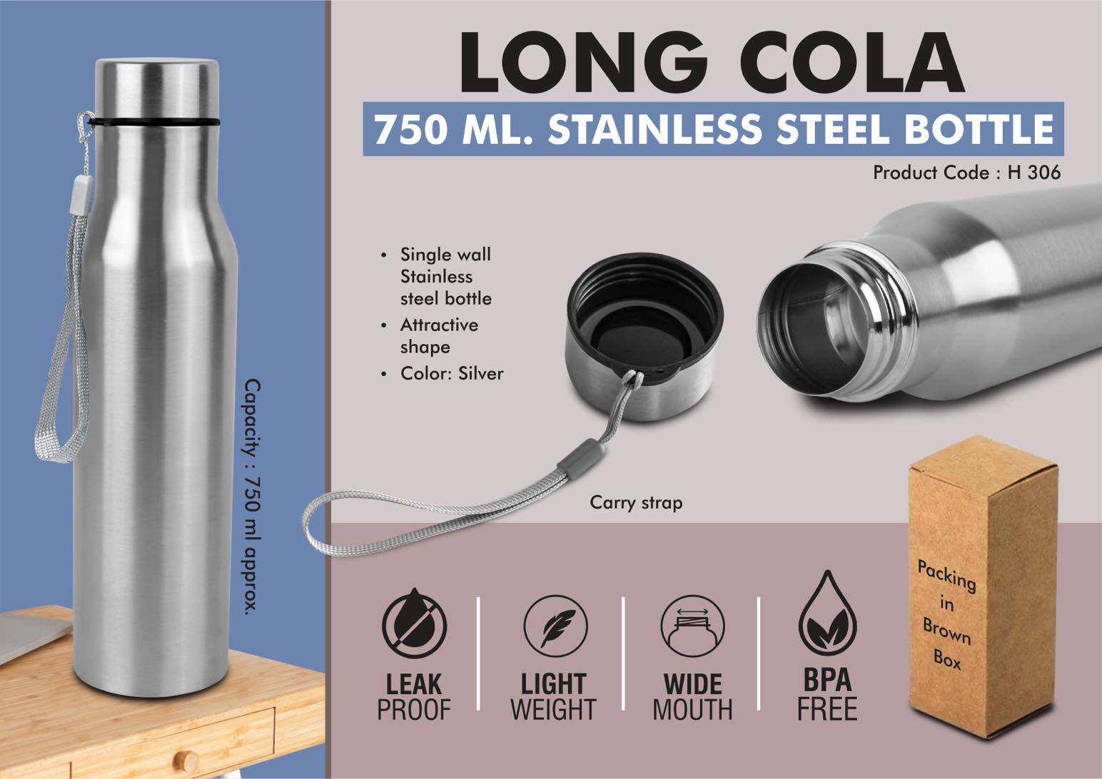 Natural Long Cola 750 | Stainless Steel Carry-Strap Bottle