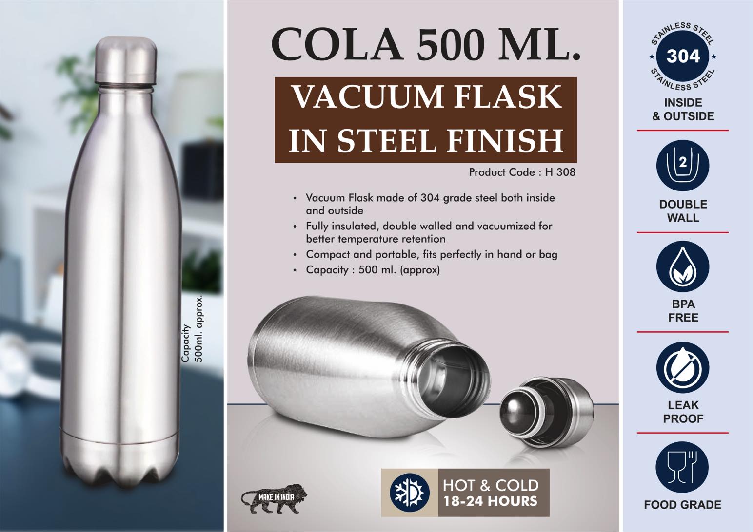 Steel-Finish Cola 500 | 304 steel 18-Hr Thermal Vacuum flask