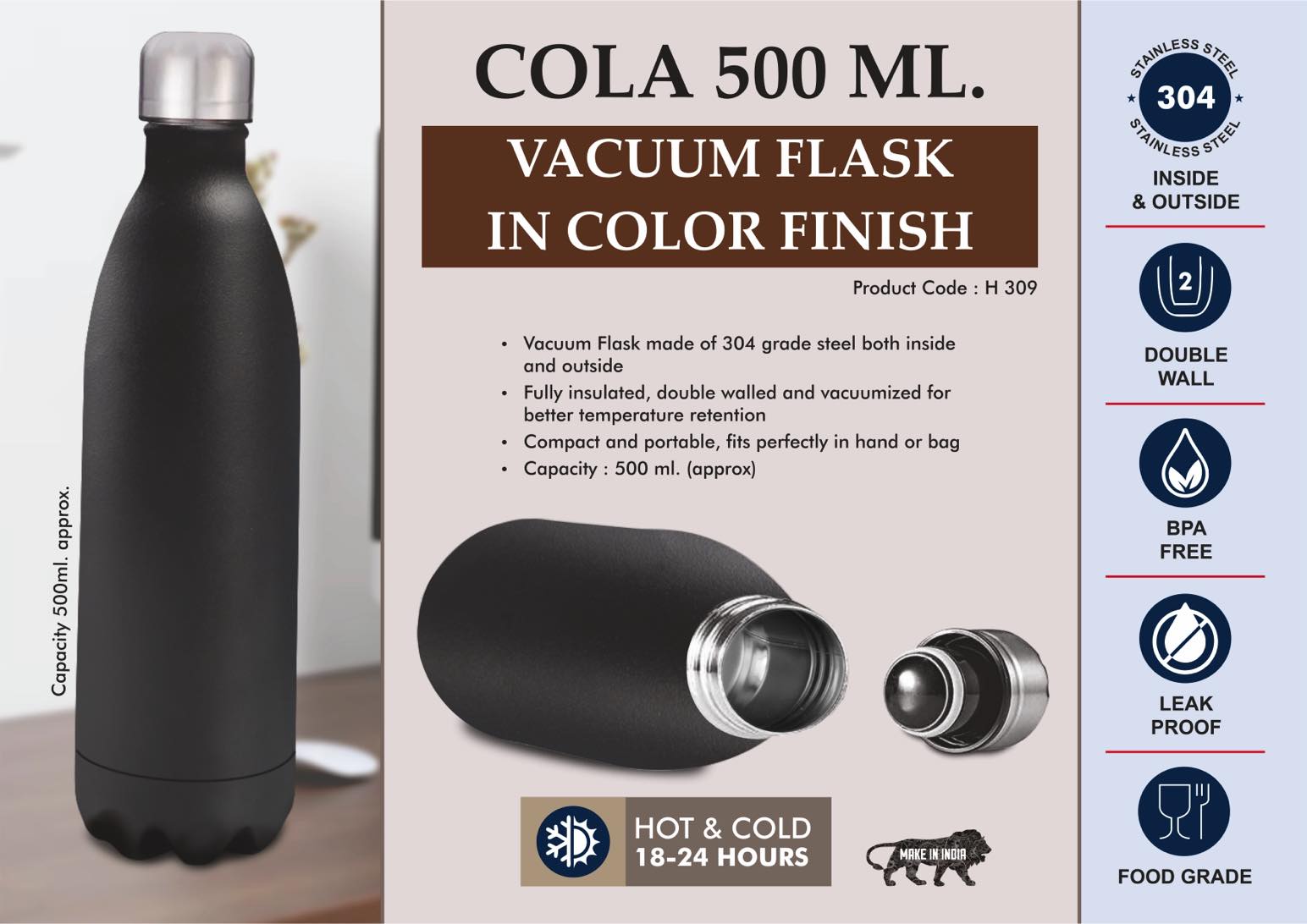 Color-Finish Cola 500 | 304 steel 18-Hr Thermal Vacuum flask