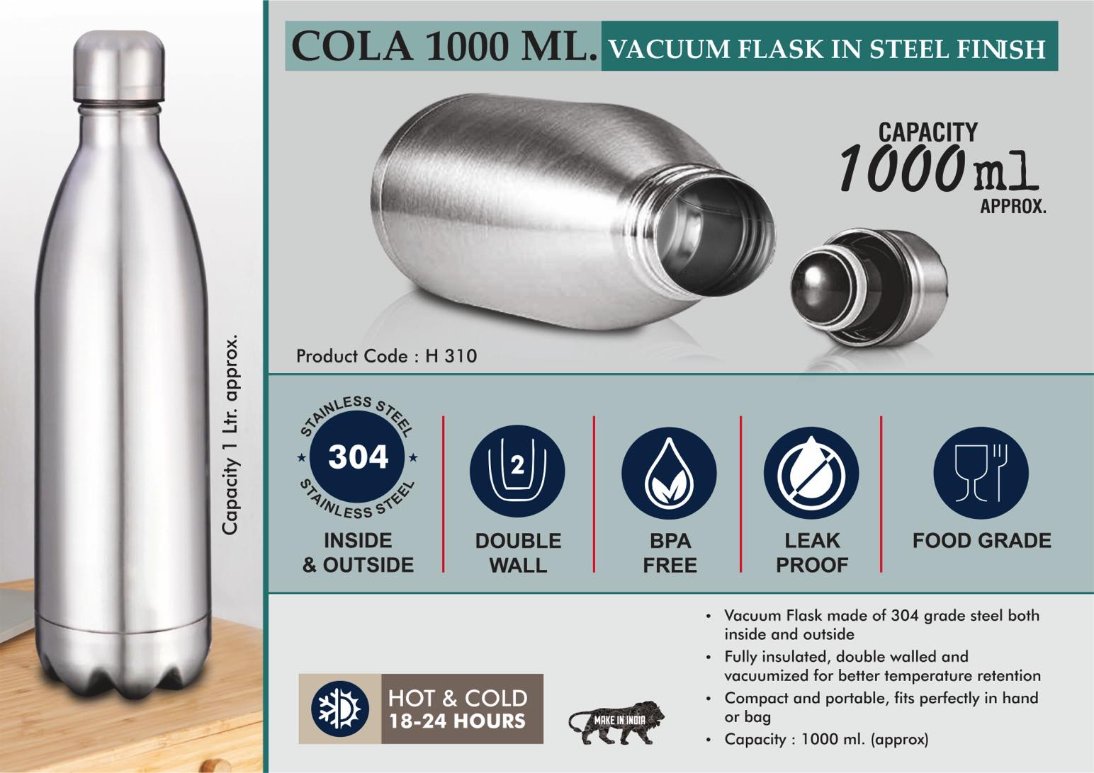 Steel-Finish Cola 1200 | 304 steel 18-Hr Thermal Vacuum flask