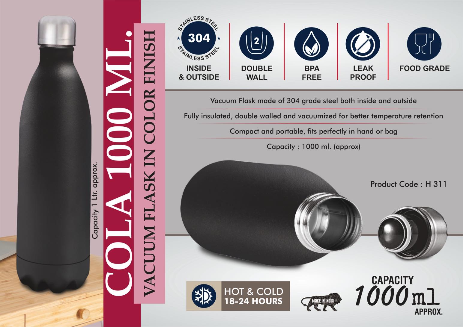 Color-Finish Cola 1200 | 304 steel 18-Hr Thermal Vacuum flask