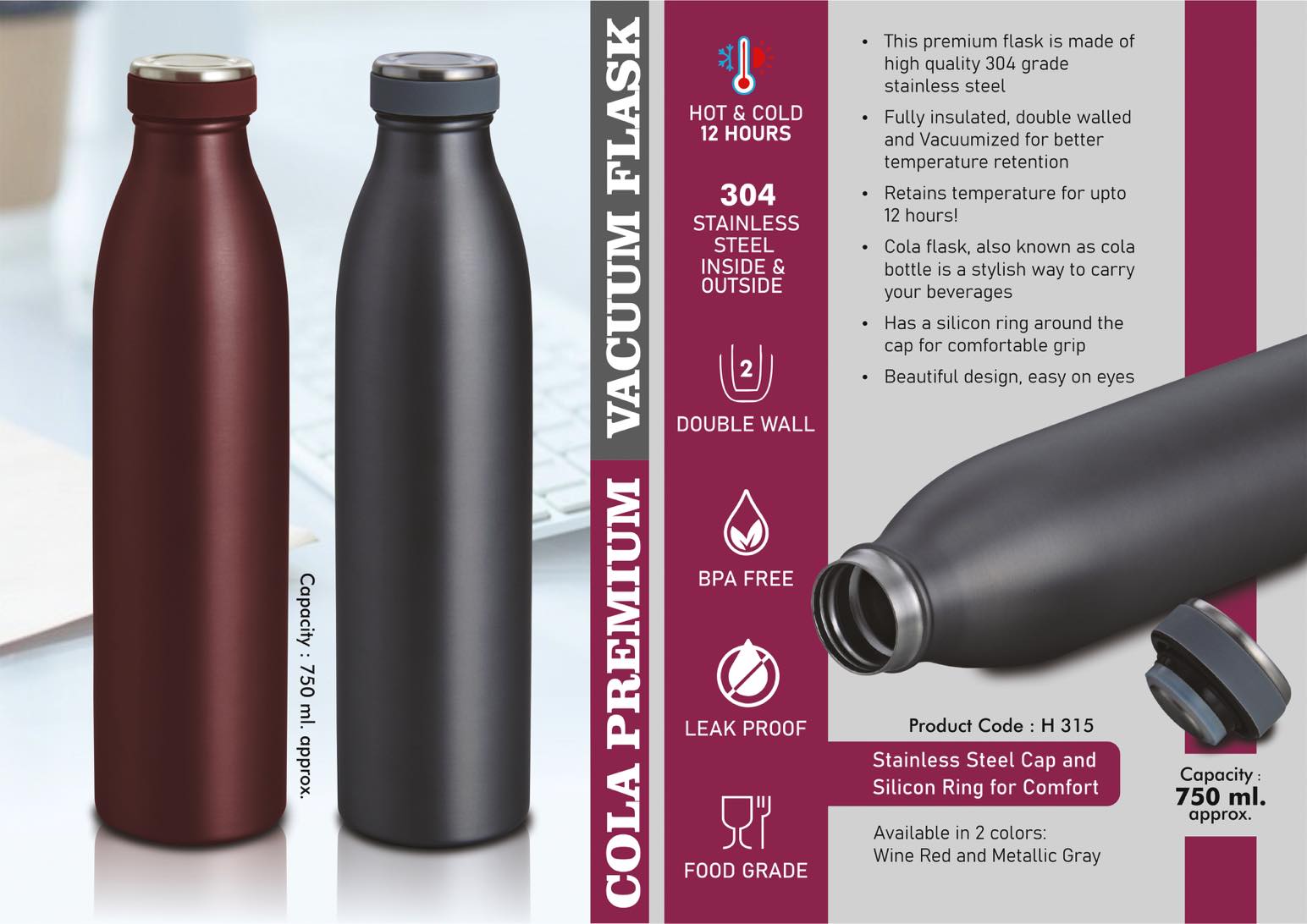 Premium Cola Vacuum Series | 304 steel 12-Hr Thermal Flask