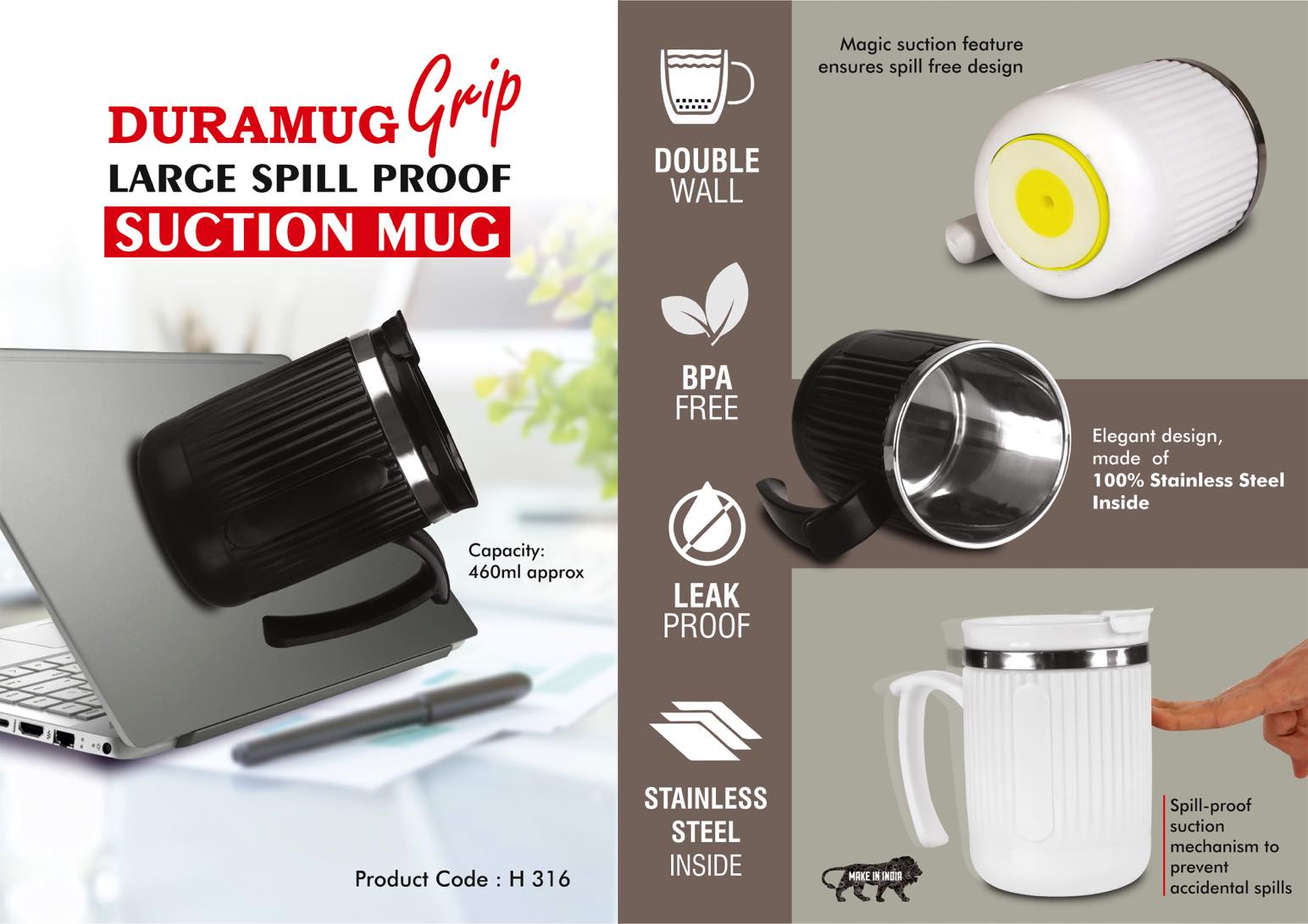 DuraMug Suction Grip | Large Spill-Proof Stainless Steel Mug