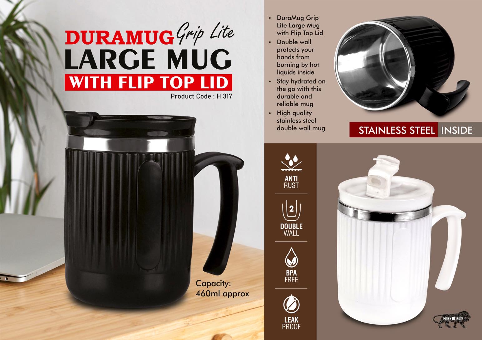 DuraMug Grip Lite Series | Flip-Top Stainless Steel Mug
