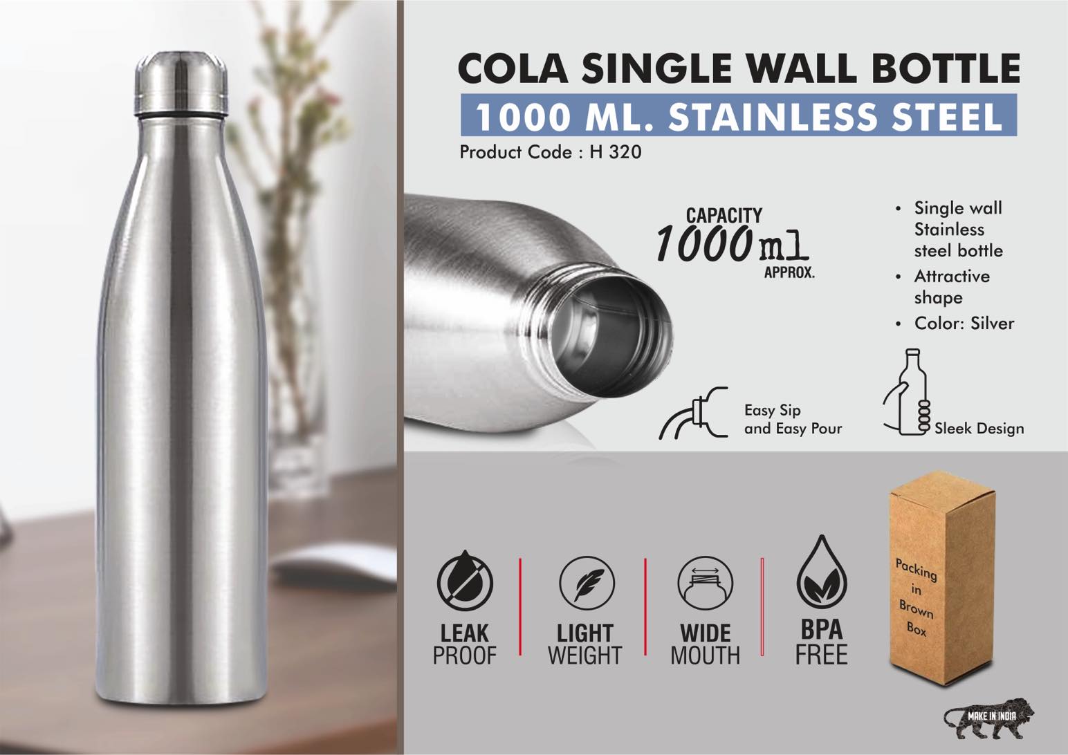 Natural Cola Single Wall | 1L high-capacity stainless bottle
