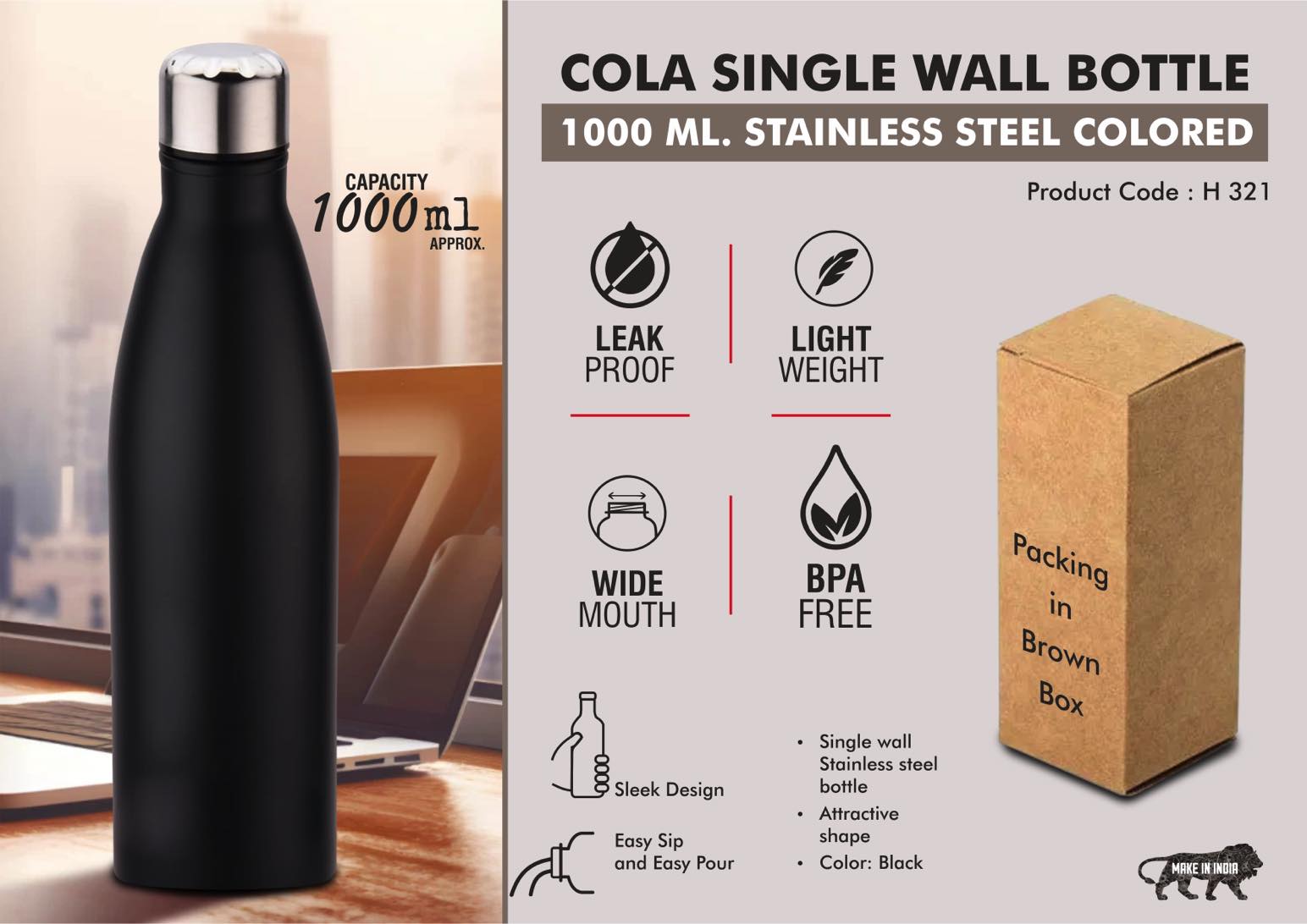 Colored Cola Single Wall | 1L high-capacity stainless bottle