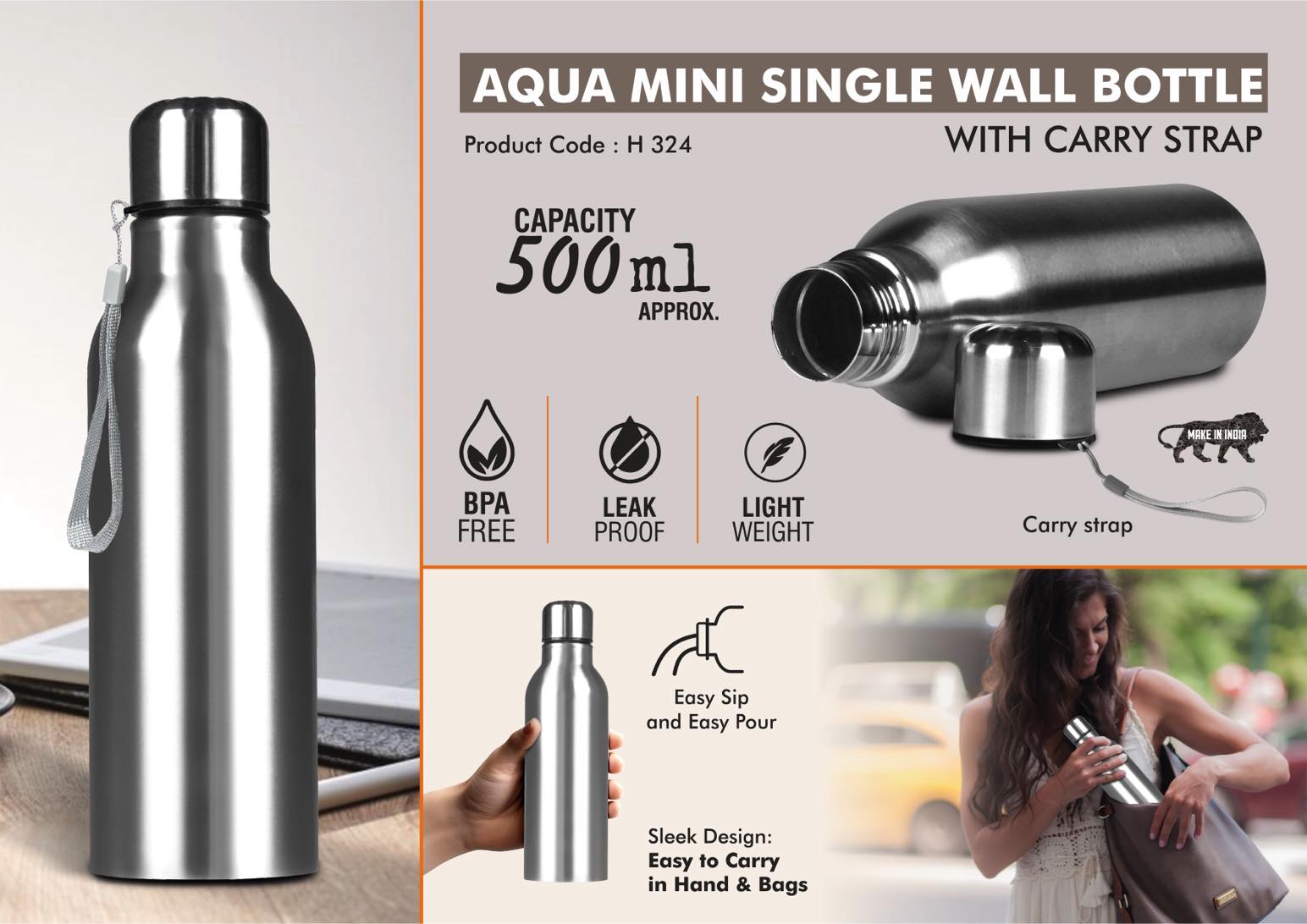 Aqua Mini Carry-Strap Series | Single Wall Stainless Bottle