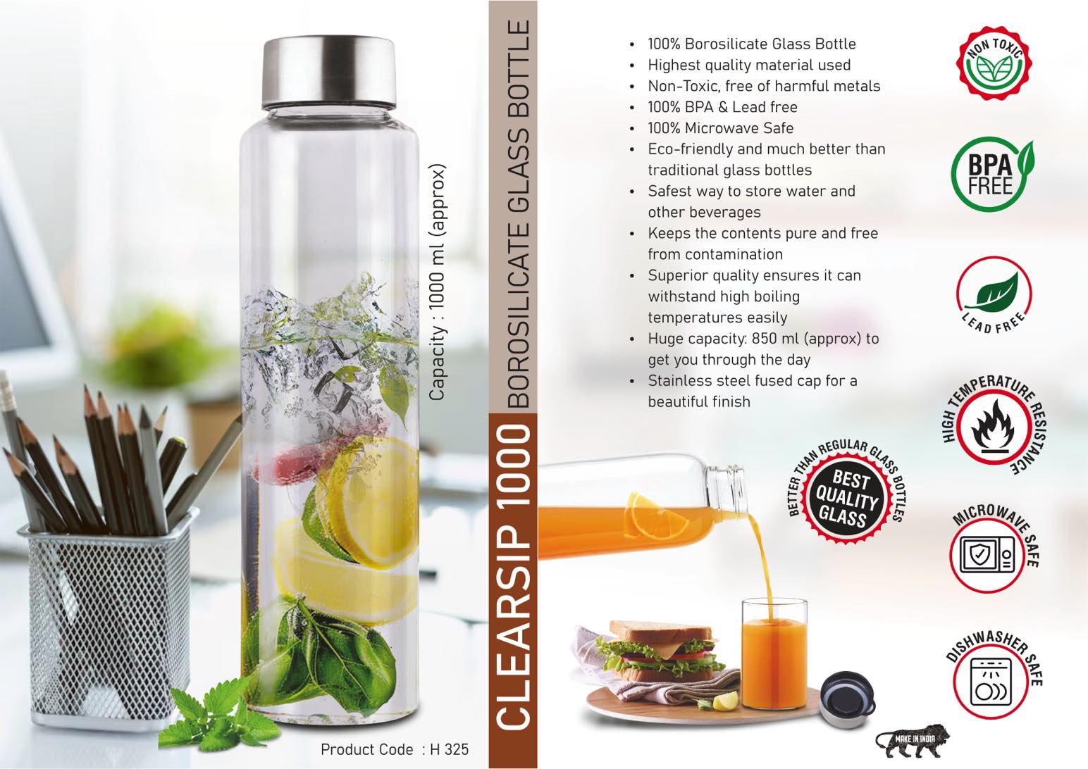 ClearSip 1000 High-Capacity | Borosilicate Glass Steel Cap Bottle