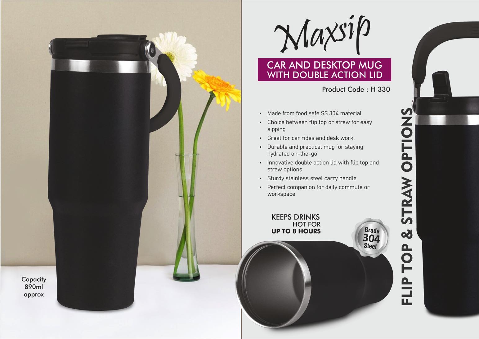 MaxSip Dual-Action Suite | 304 Steel Car & Desktop Mug