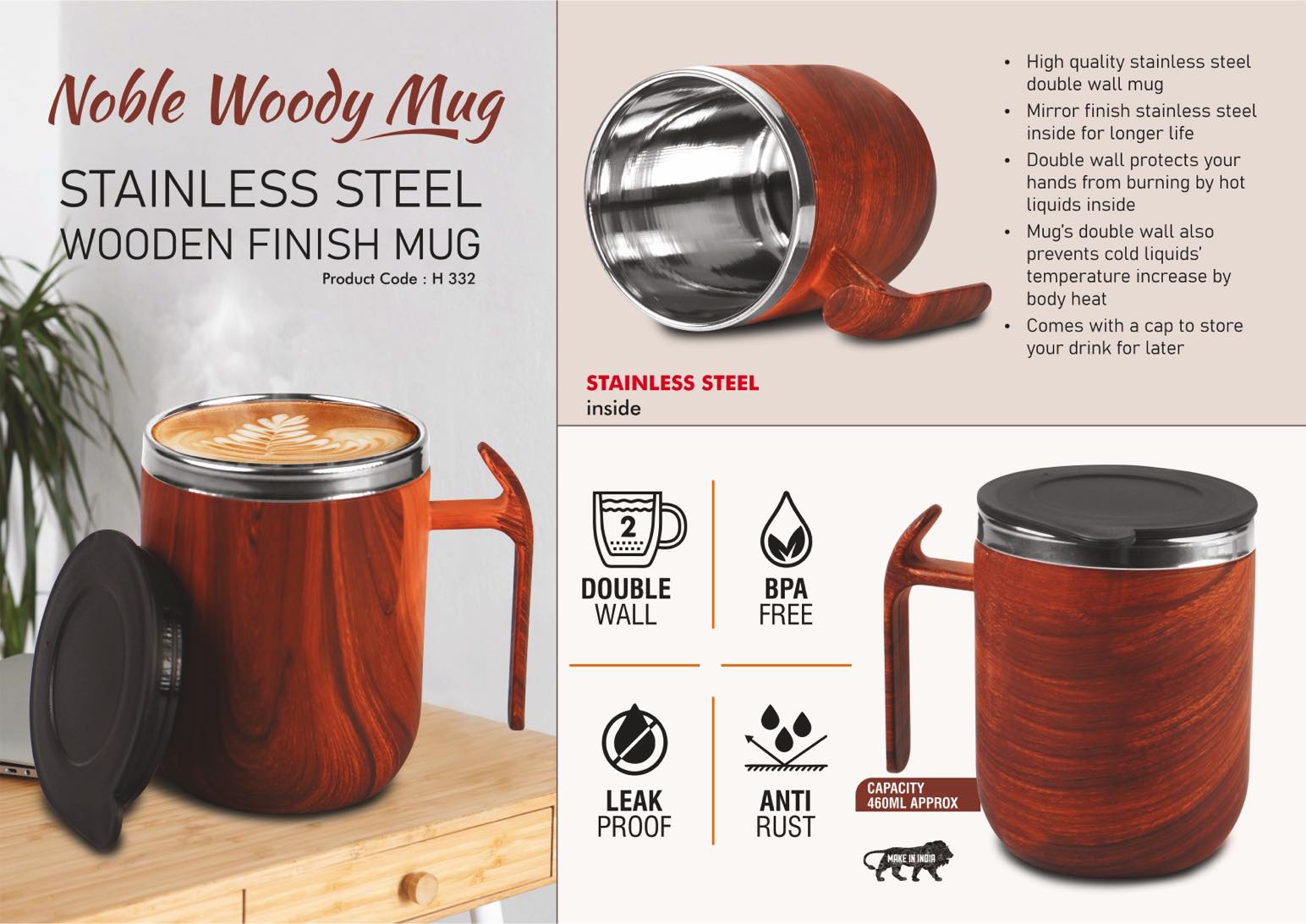 Noble Woody Double-Wall | Leakproof Wooden Finish Mug