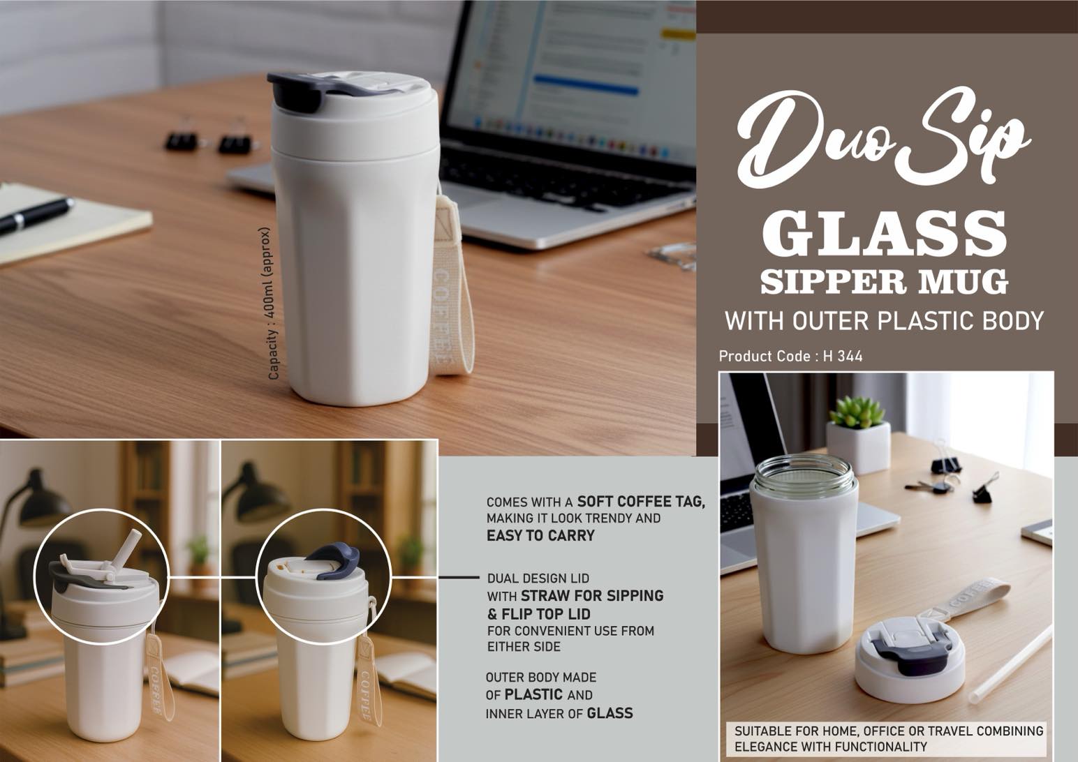 DuoSip Flip-Top Glass Mug | Soft-Strap Protective Body
