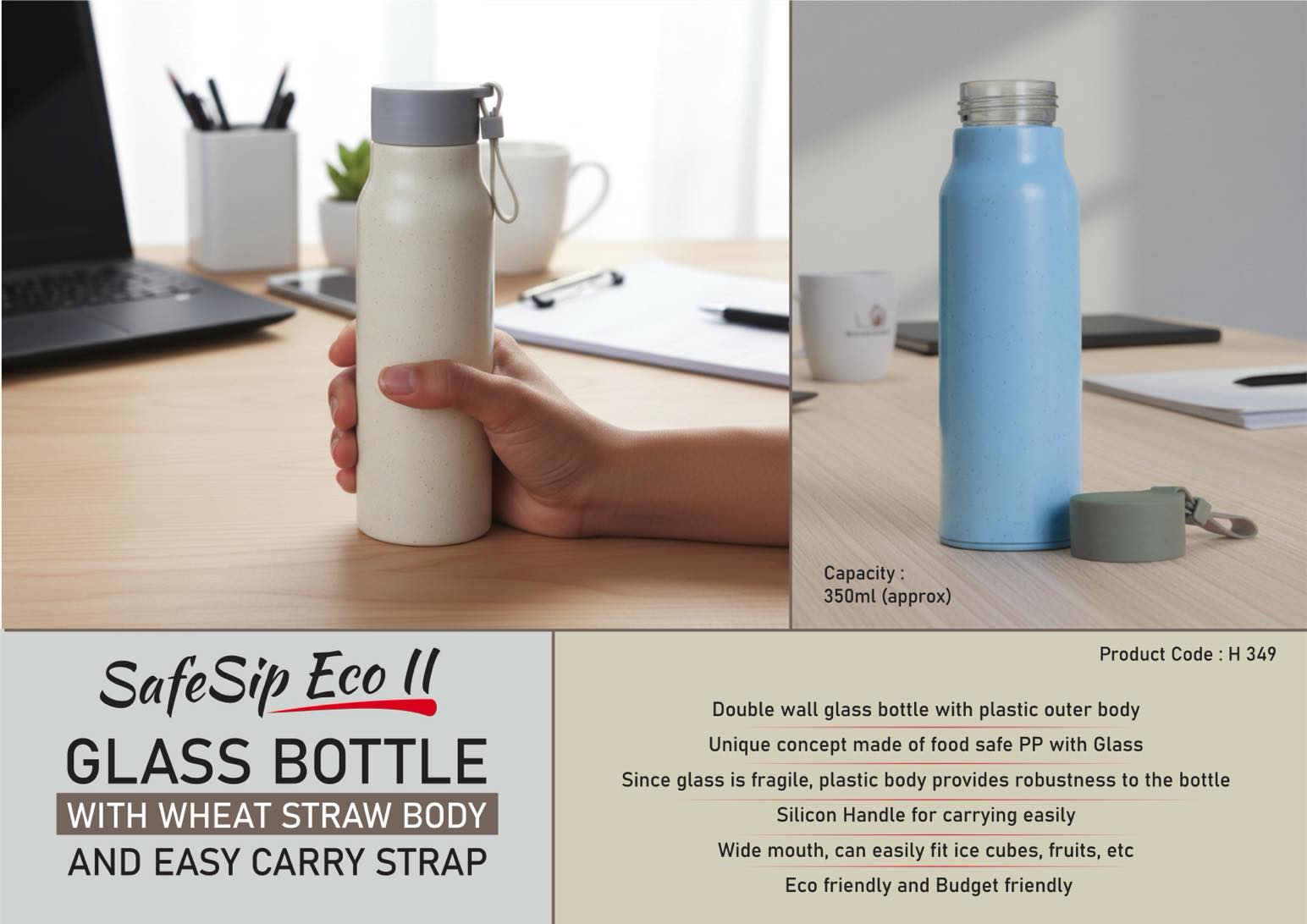 SafeSip Eco II Straw Husk | Glass Bottle & Wheat Straw Body