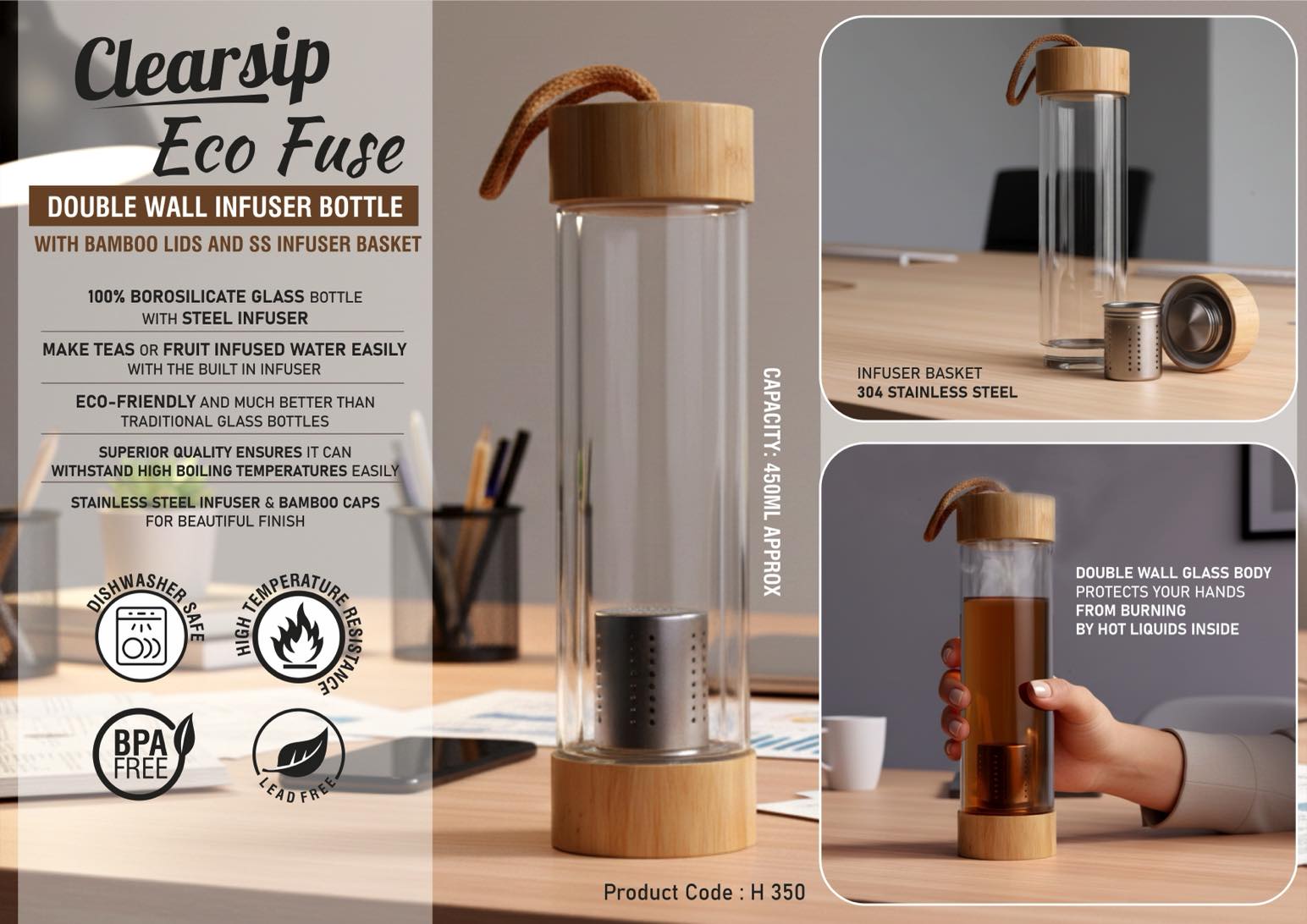 ClearSip EcoFuse | Double-Wall Infuser Glass & Bamboo Bottle