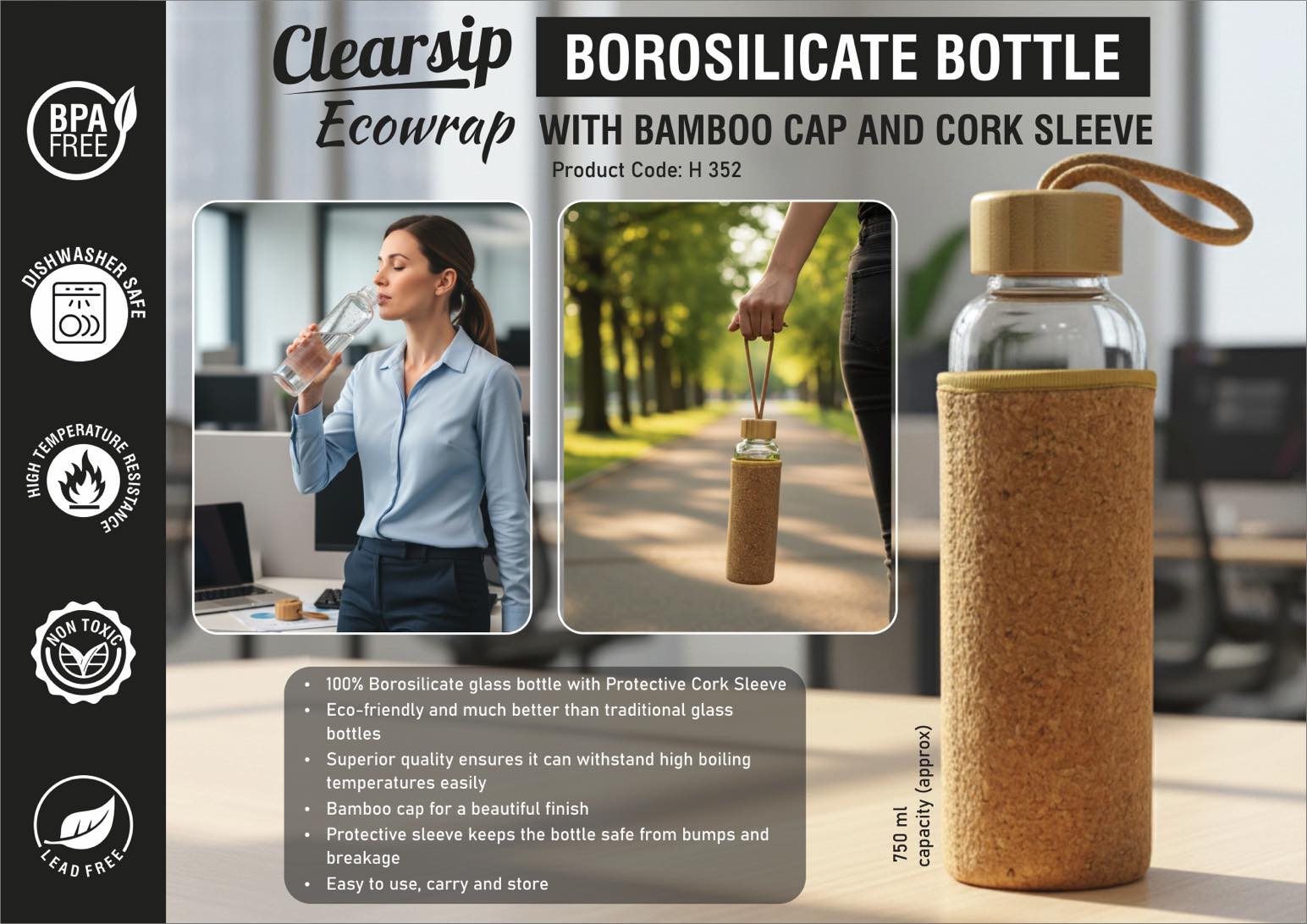 ClearSip EcoWrap | Borosilicate Glass & Bamboo Cork Bottle