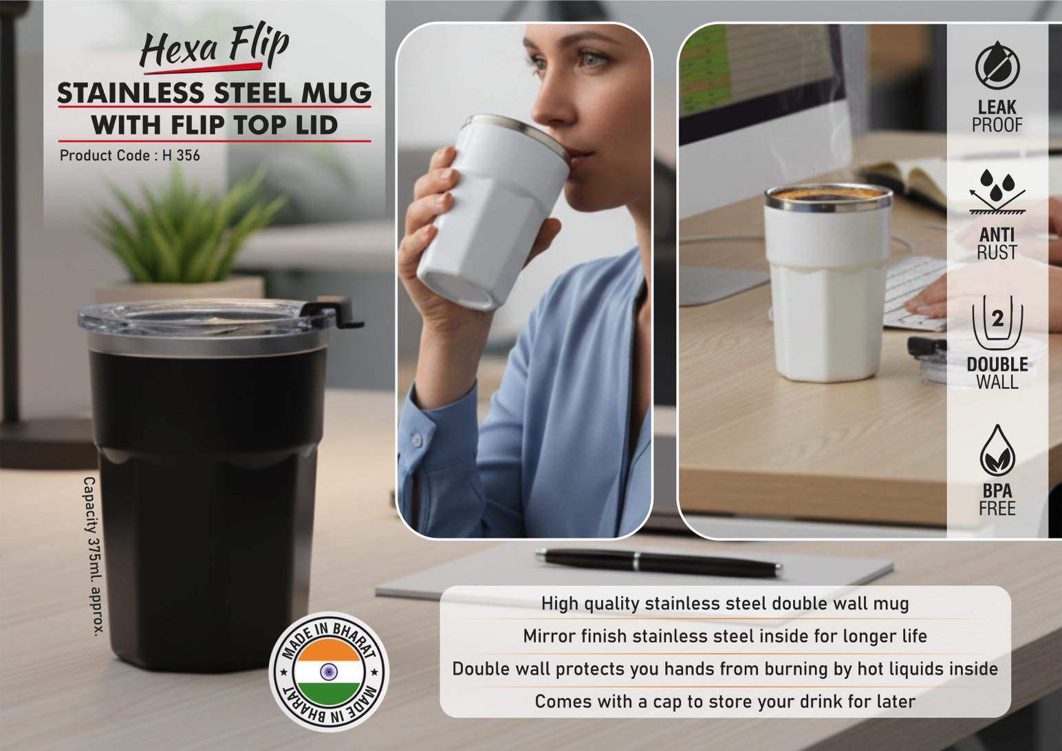 Hexa Flip Series | Premium Flip-Top Stainless steel Mug