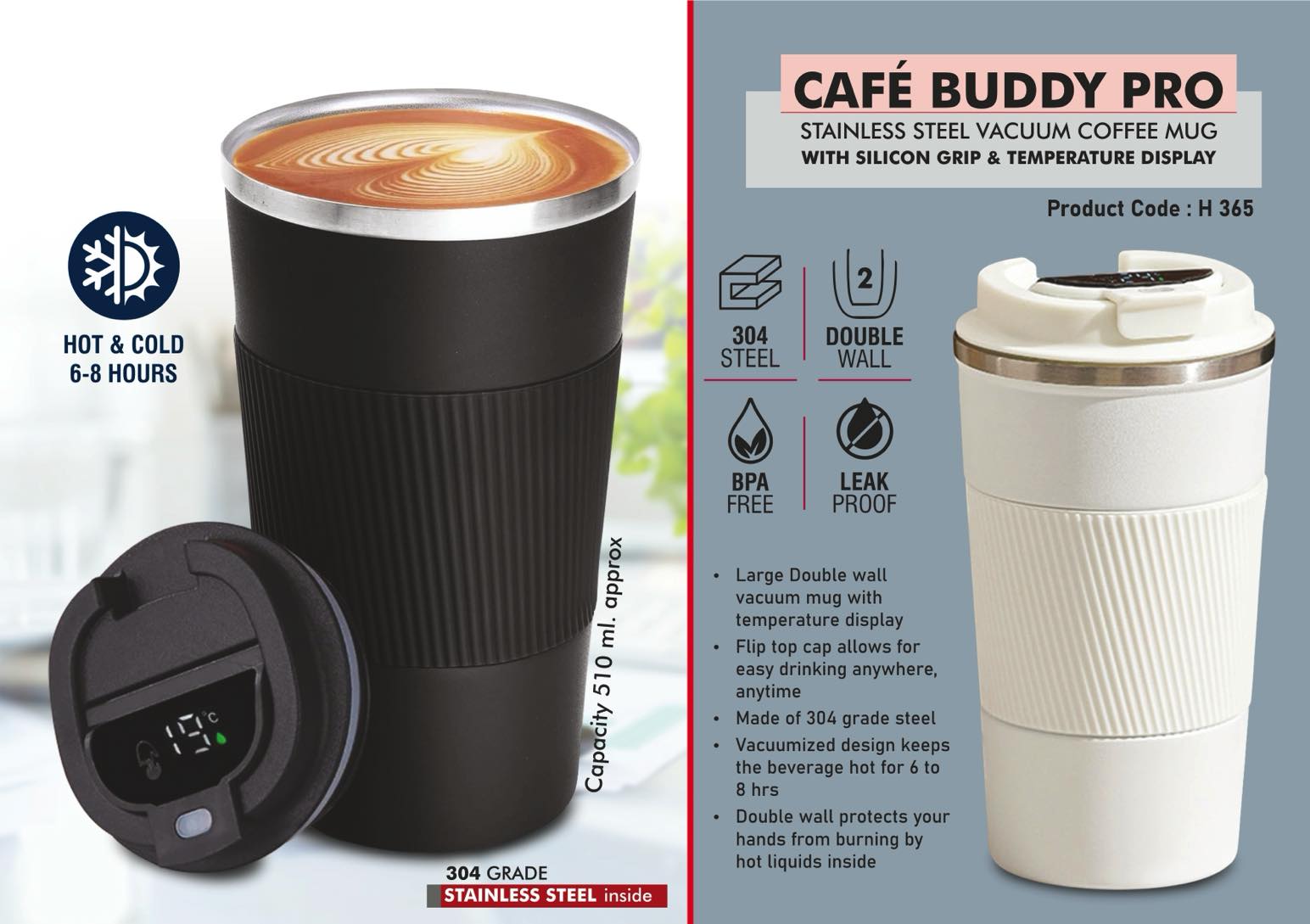 Cafe Buddy Pro Temp Display | Silicon Grip Vacuum Coffee Mug