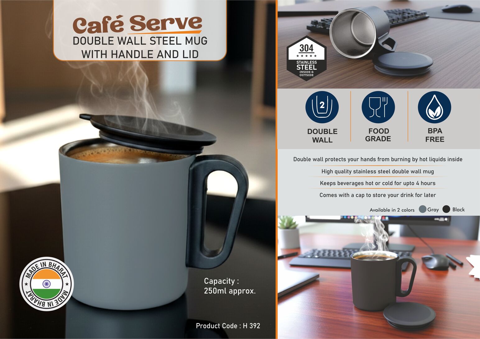 Cafe Serve Double-Wall | 304 Stainless Steel Mug with Lid