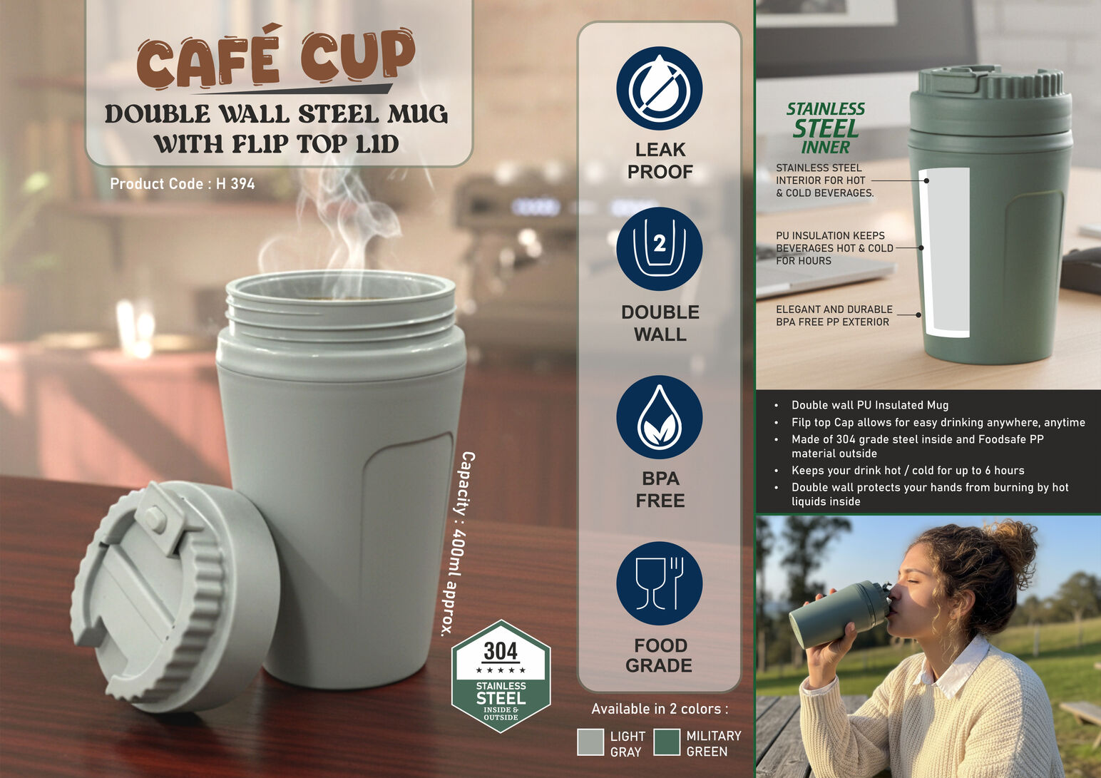 Cafe Cup Double-Wall | Premium Flip-Top Stainless steel Mug