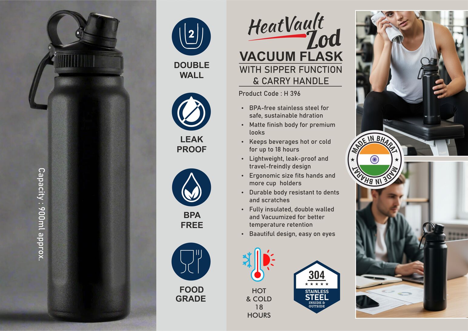 HeatVault Zod Sipper | 18-Hr thermal vacuum flask 900ml