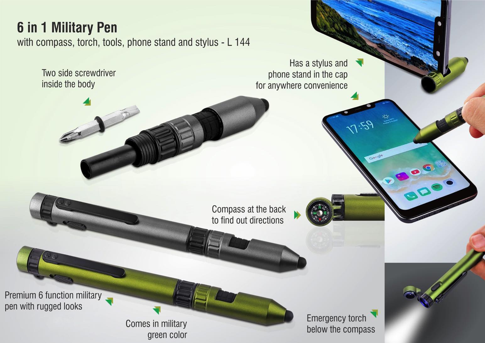 6-in-1 Military Utility Pen | Compass, Torch & Phone Stand