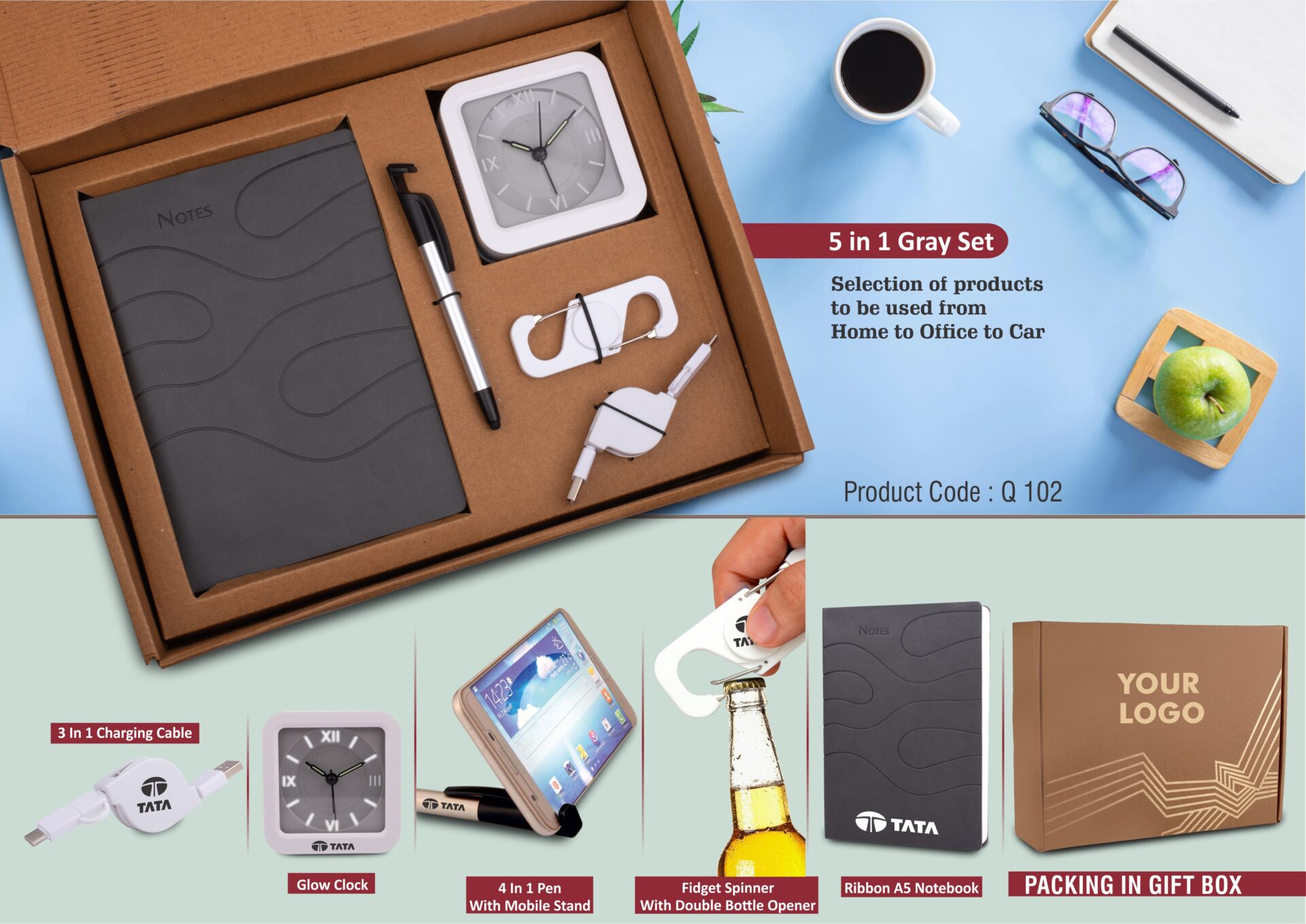 Gray Pro-Data 5-in-1 | Data Cable, Glow Clock & Notebook Set