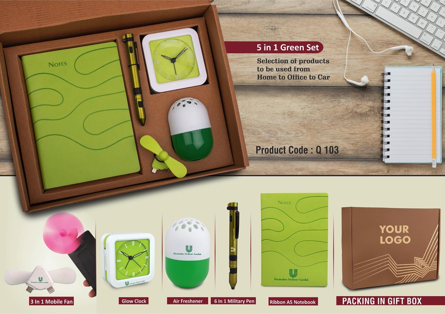 Green Elite 5-in-1 Ensemble | Military Pen, Glow Clock & Notebook