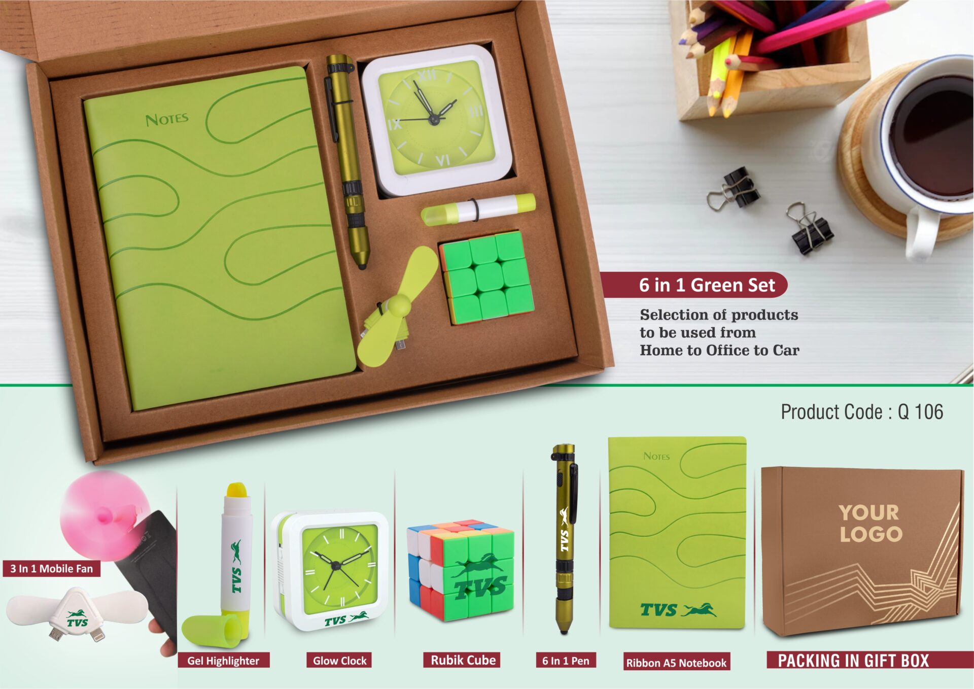 Green Pro-Grand 6-in-1 | Military Pen, Glow Clock & Notebook