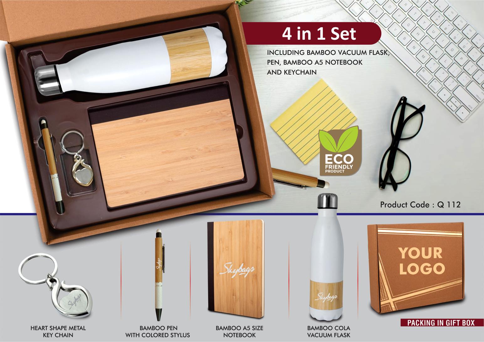 Bamboo Signature 4-in-1 | 4-Pc Vacuum Flask, Pen & Notebook Set
