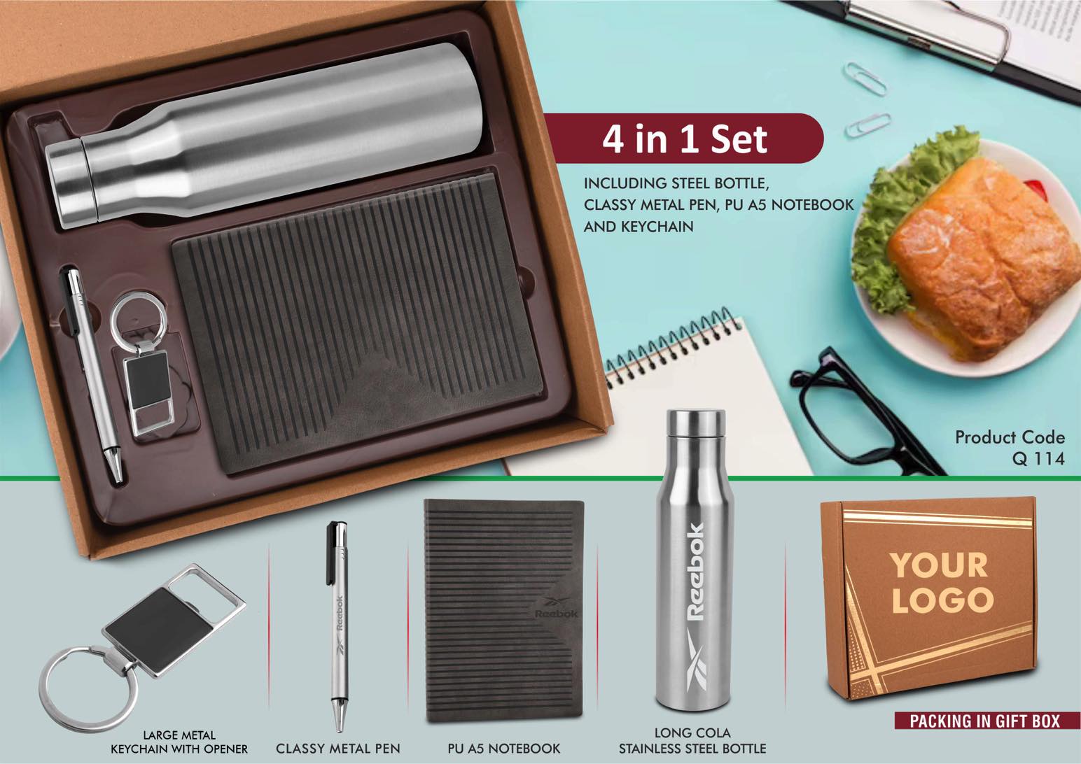 Gray Professional 4-in-1 | 4-Pc Metal Pen, Bottle & Notebook