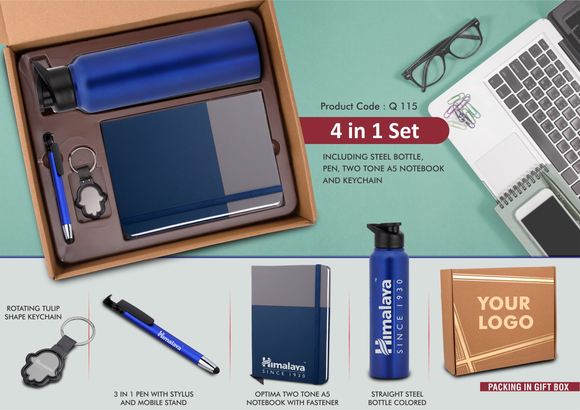 Multifunction Pen & SS Colored Bottle | 4-Pc Dual Tone Set