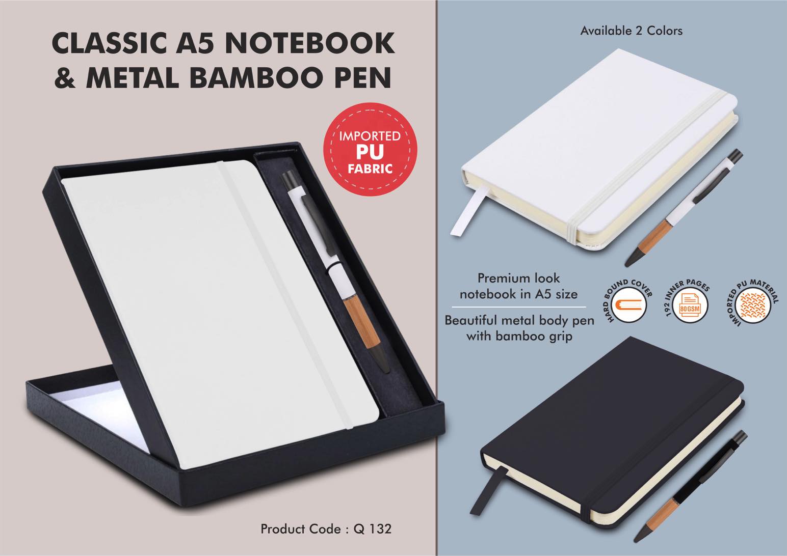 Bamboo Duo Ensemble | A5 Elastic Notebook & Metal Pen Set