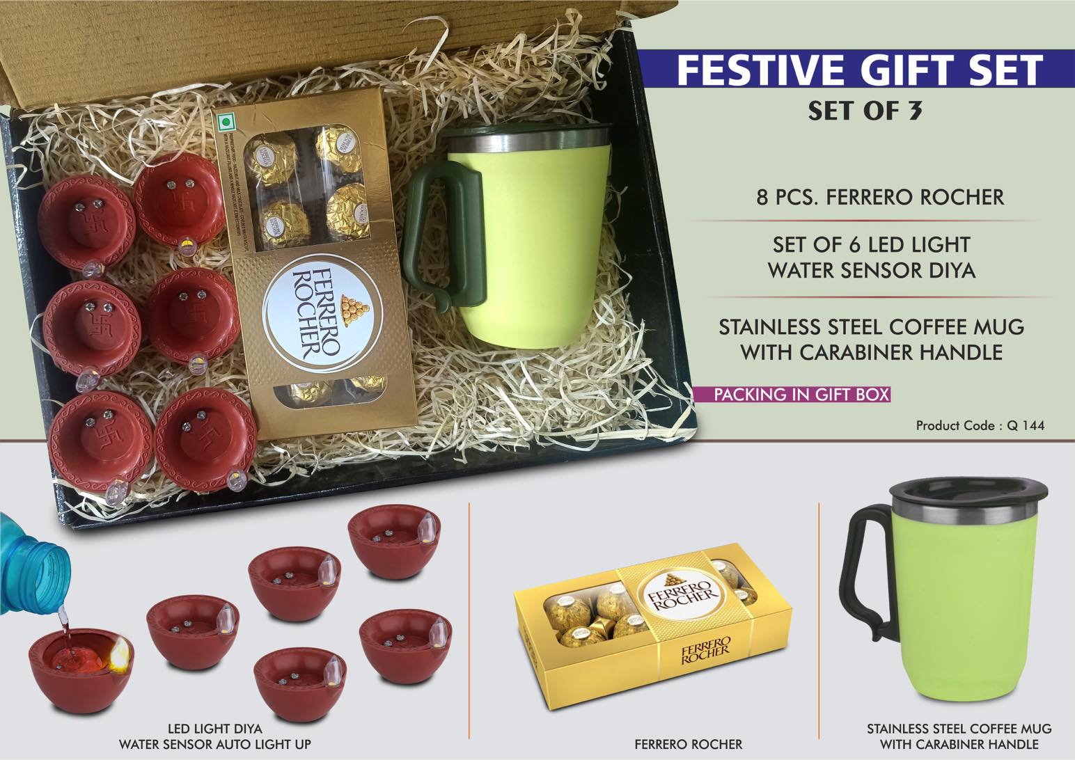 Ferrero Rocher & LED Diya Duo | 3-Pc Festive Coffee Set