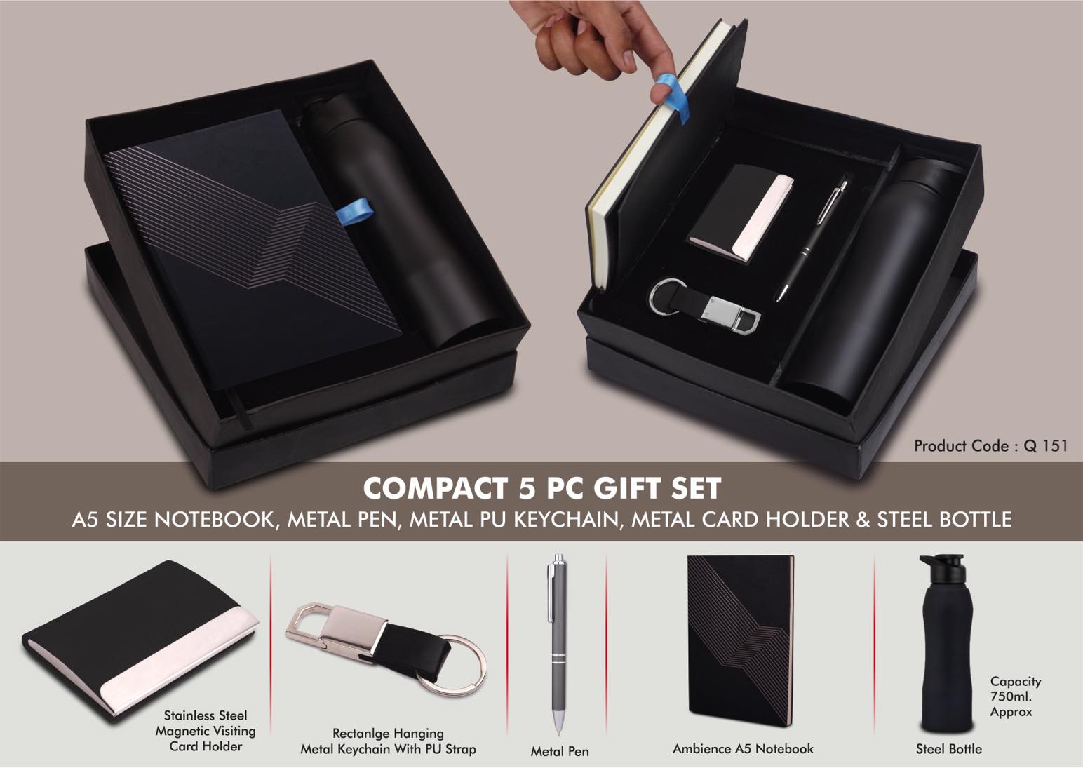 Noir Steel Bottle & Metal Pen | 5-Pc Black Executive Set