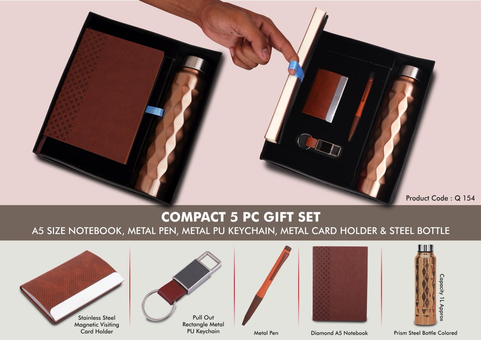PU Keychain & Prism Steel Bottle | 5-Pc Tan Executive Set