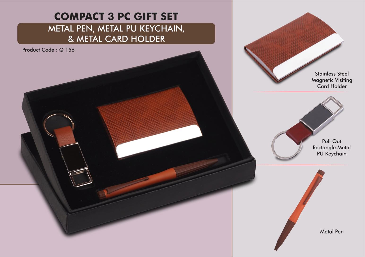 Premium Tan PU Leather Trio | Pen, Keychain & Card Holder