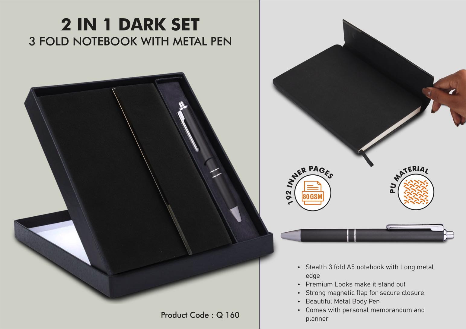 Dark 3-Fold Ensemble | 2-in-1 Professional Notebook & Metal Pen