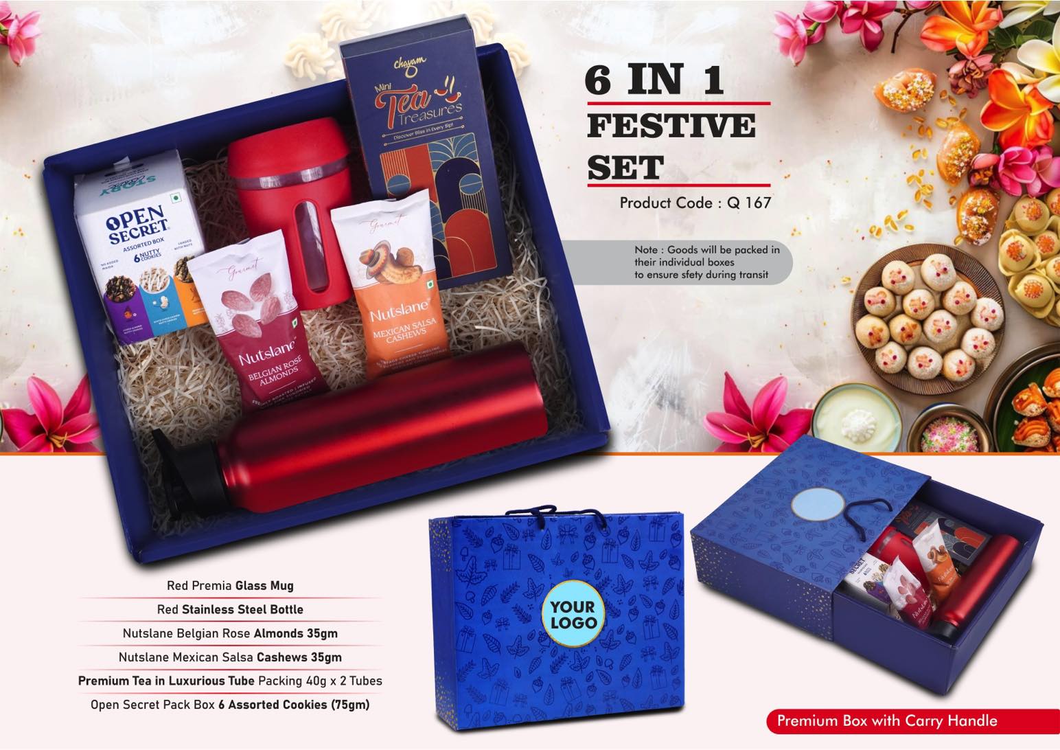 Gourmet Almonds & Silicon Glass Mug | 6-Pc Festive Suite