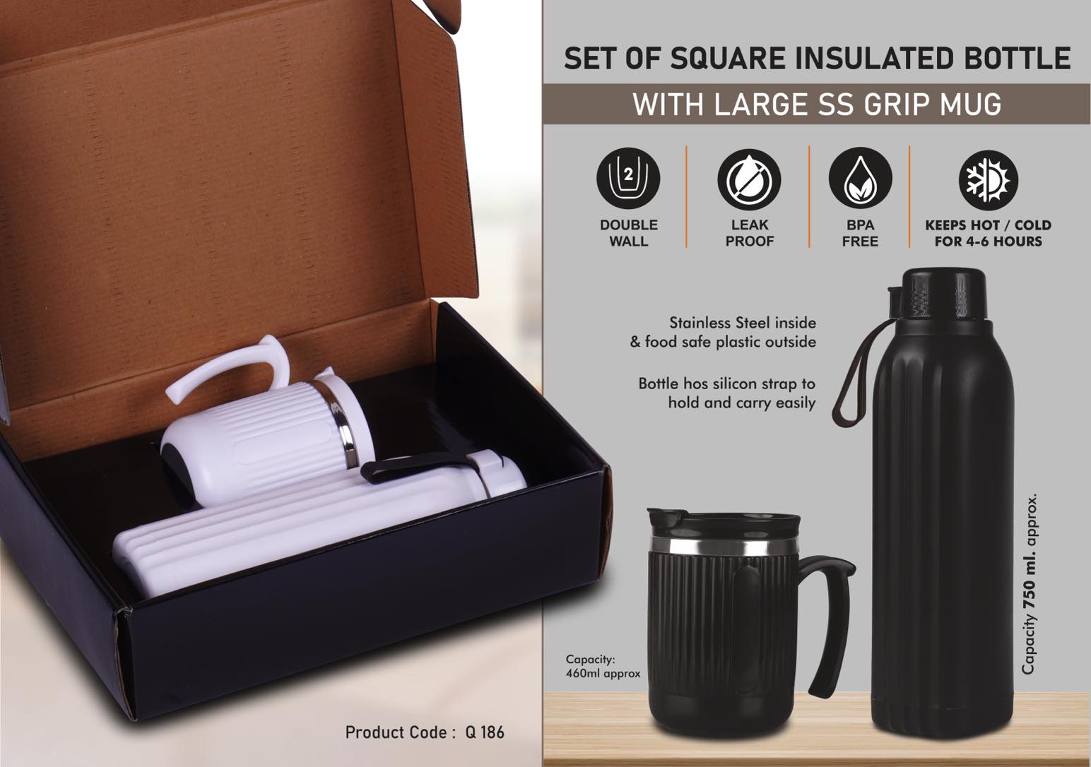 Insulated Square Bottle & SS Mug | Premium Hydration Set
