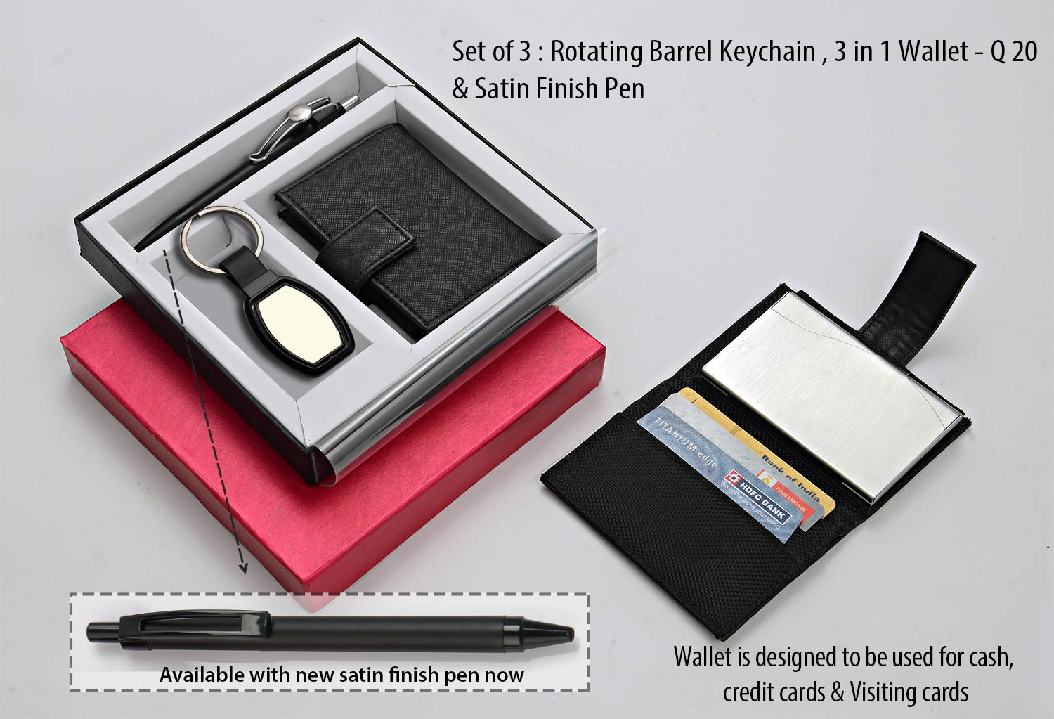 Rotating Barrel Keychain Trio | 3-in-1 Wallet & Satin Pen