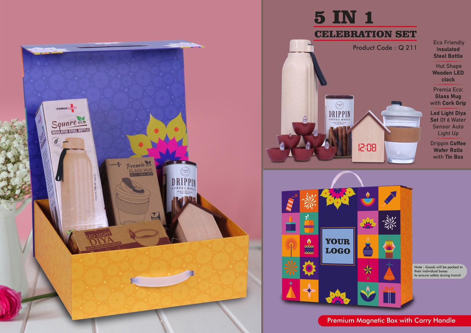 Wooden LED Clock & Eco Bottle | 5-Pc Celebration Suite