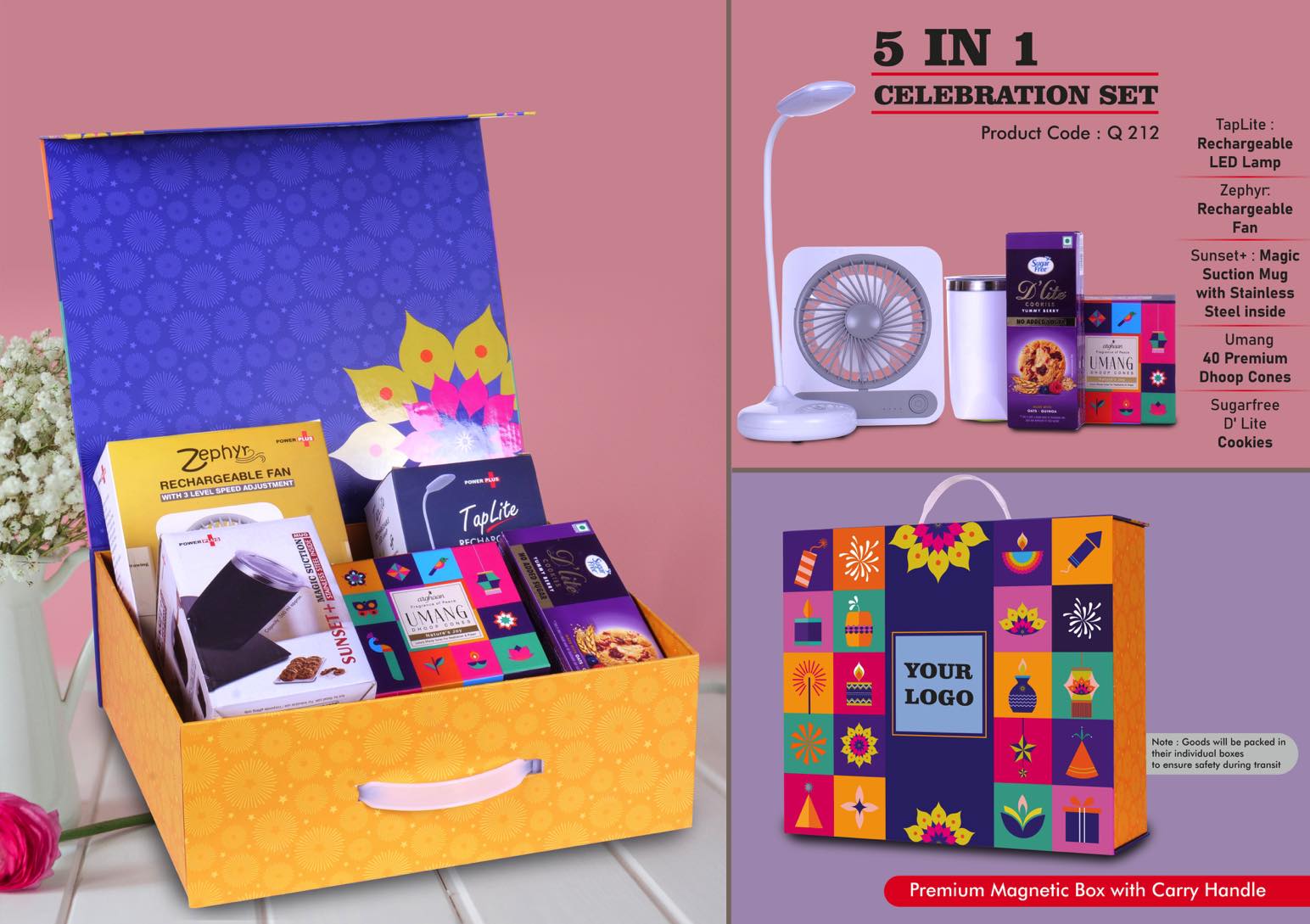 3-Speed Fan & Rechargeable Lamp | 5-Pc Celebration Set