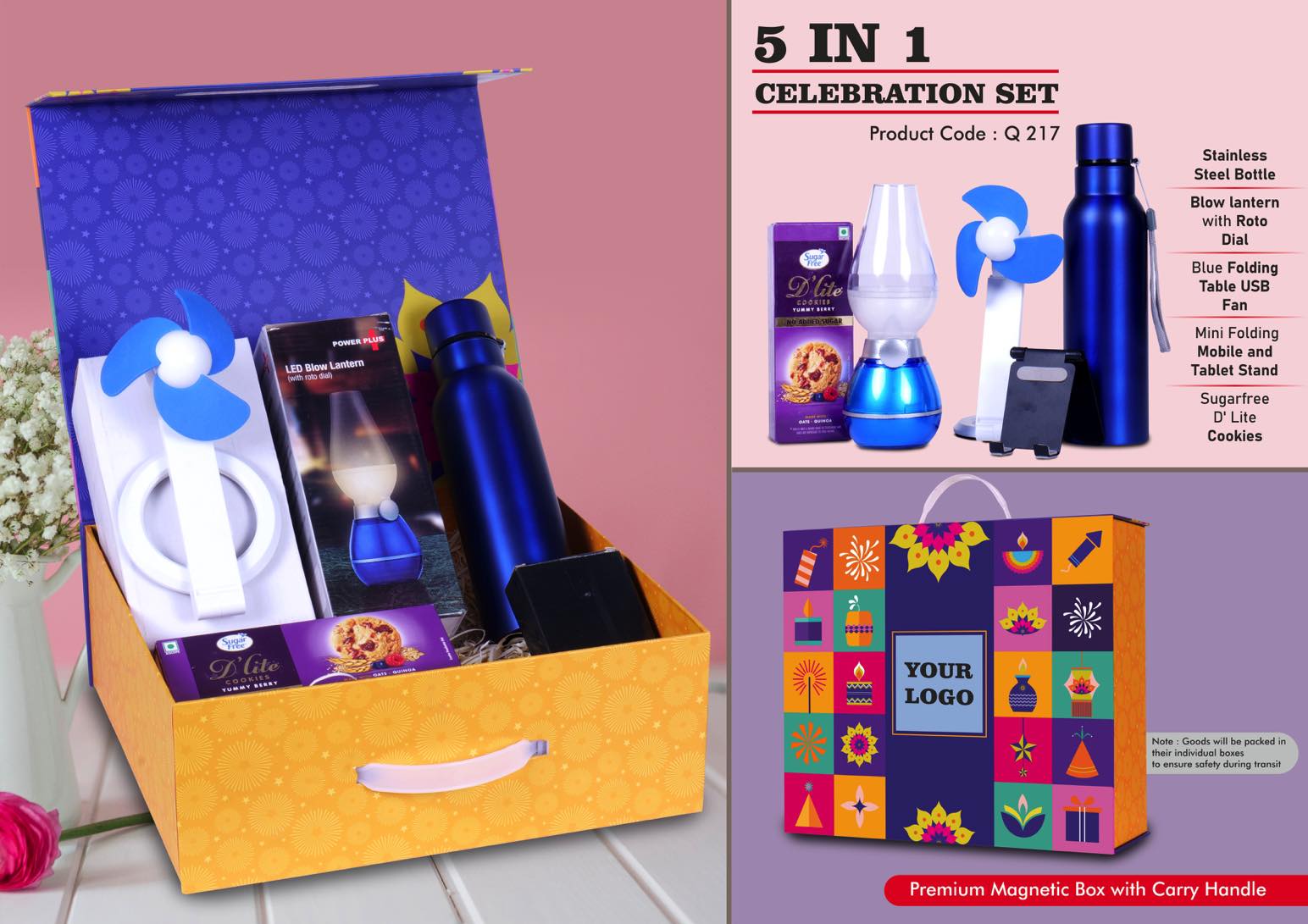 USB Table Fan & Bolt SS Bottle | 5-Pc Celebration Set