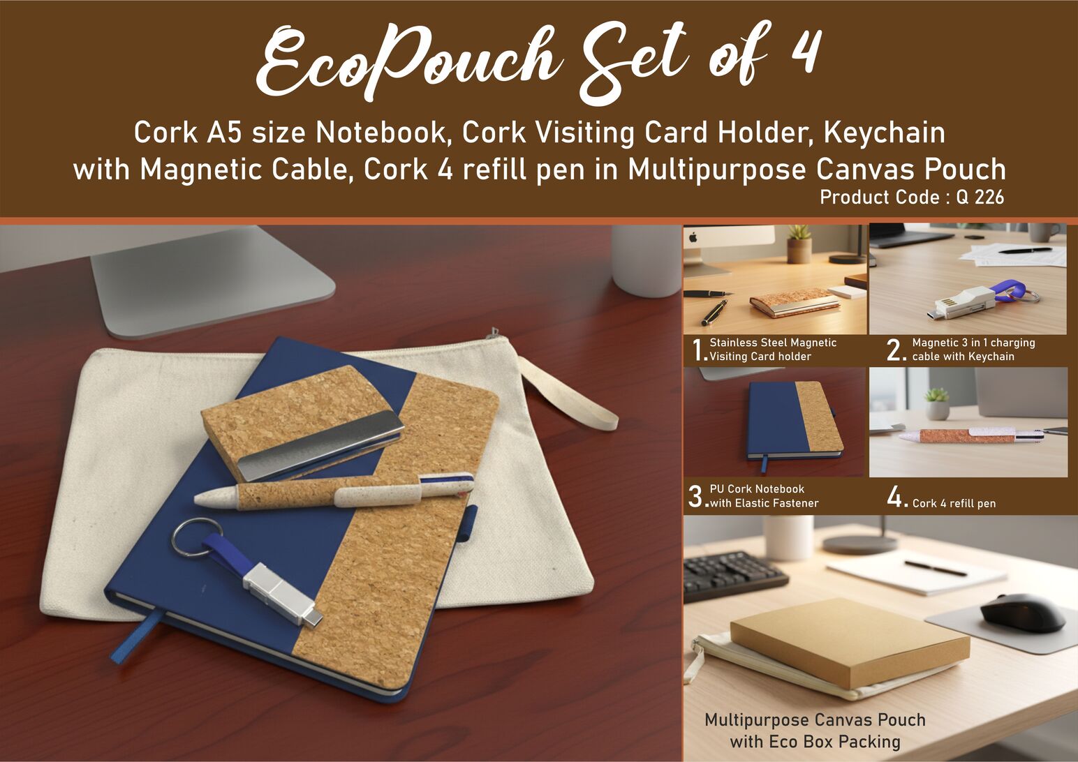 EcoPouch Blue Executive | 4-Pc Cork Gifting Portfolio Set